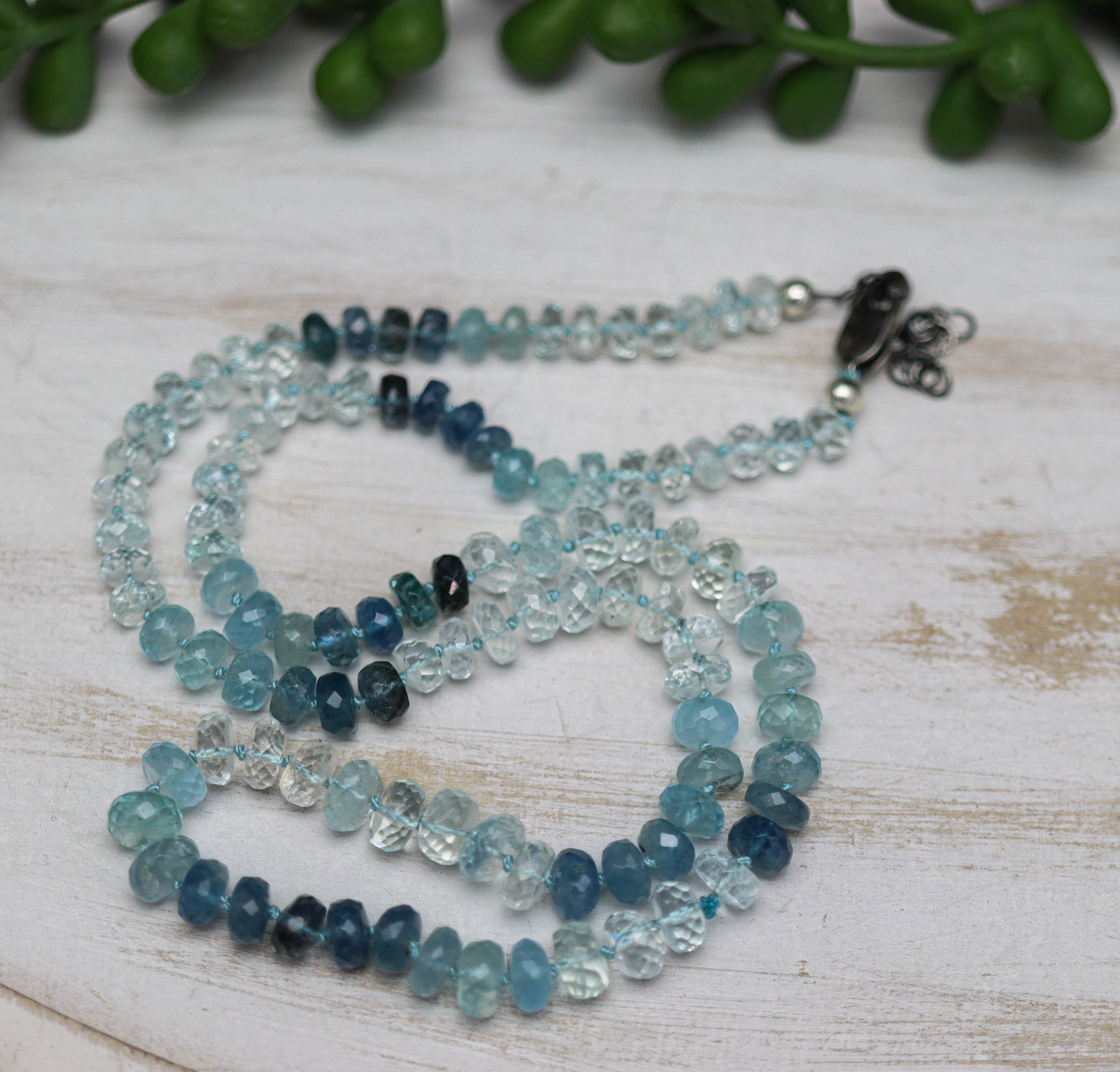 Stunning Blue Aquamarine Hand Knotted Bead Necklace Sterling Silver