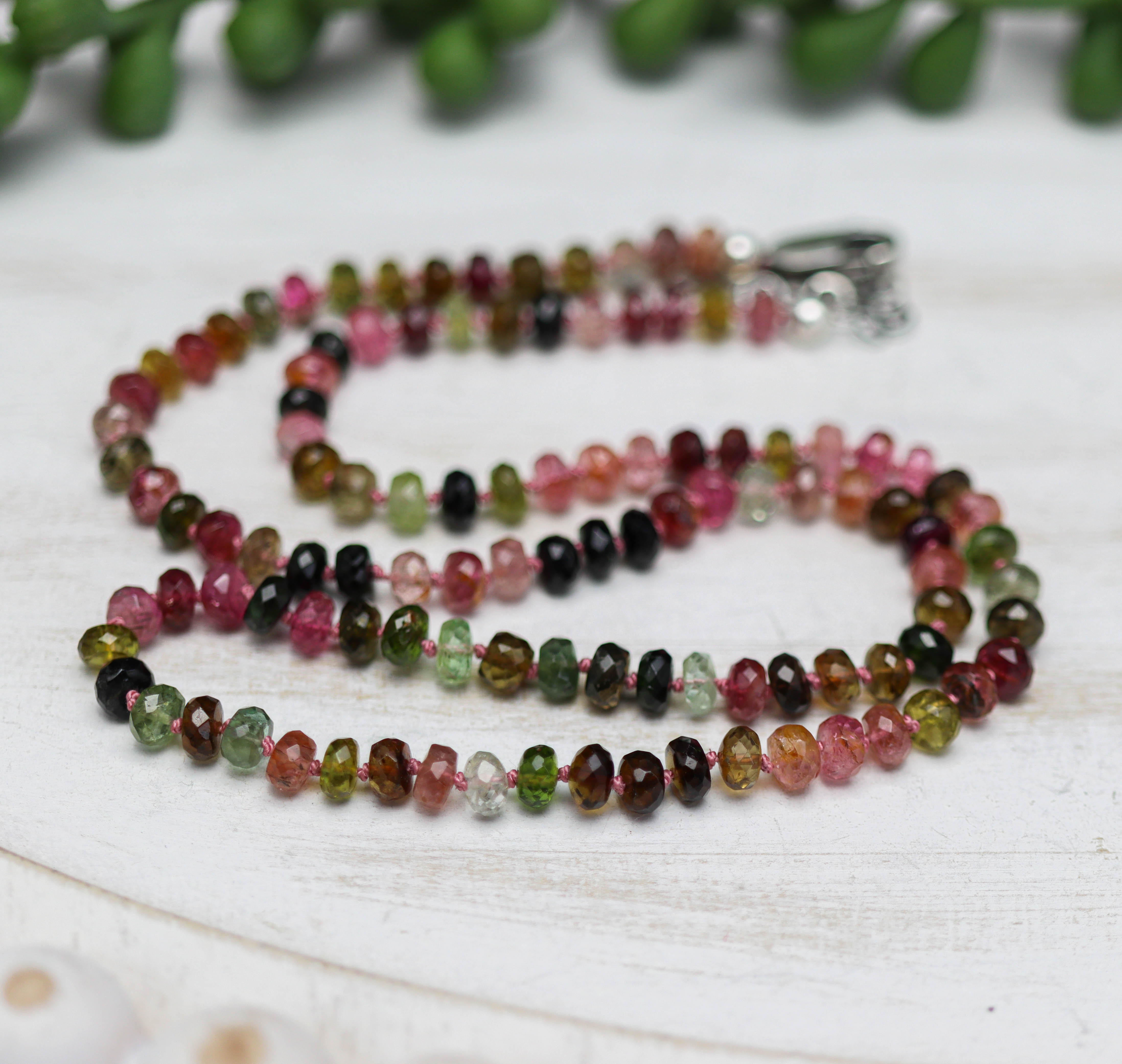 Multi Colored Tourmaline Hand Knotted Bead Necklace Sterling Silver
