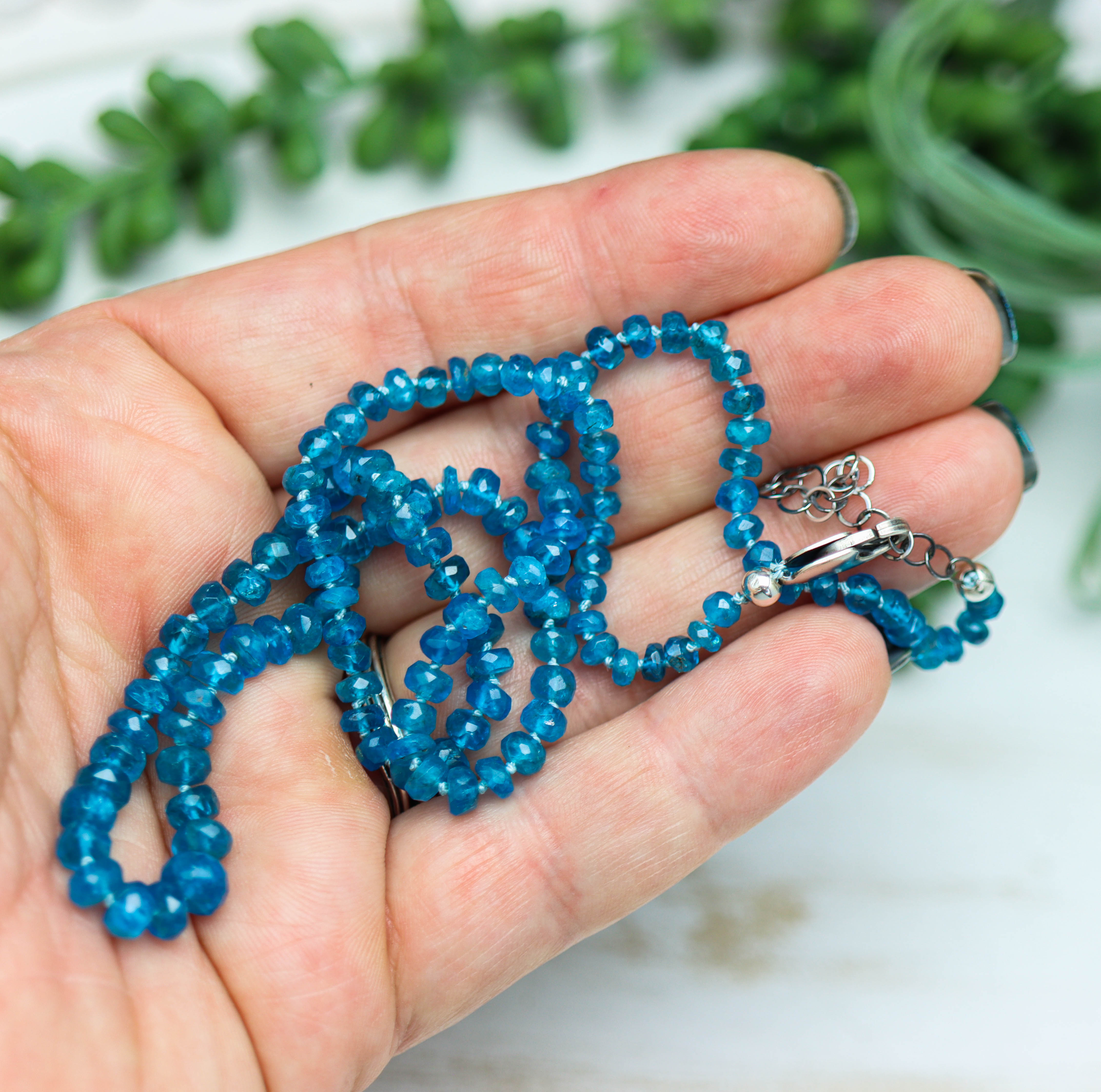 Neon Blue Apatite Hand Knotted Bead Necklace Sterling Silver