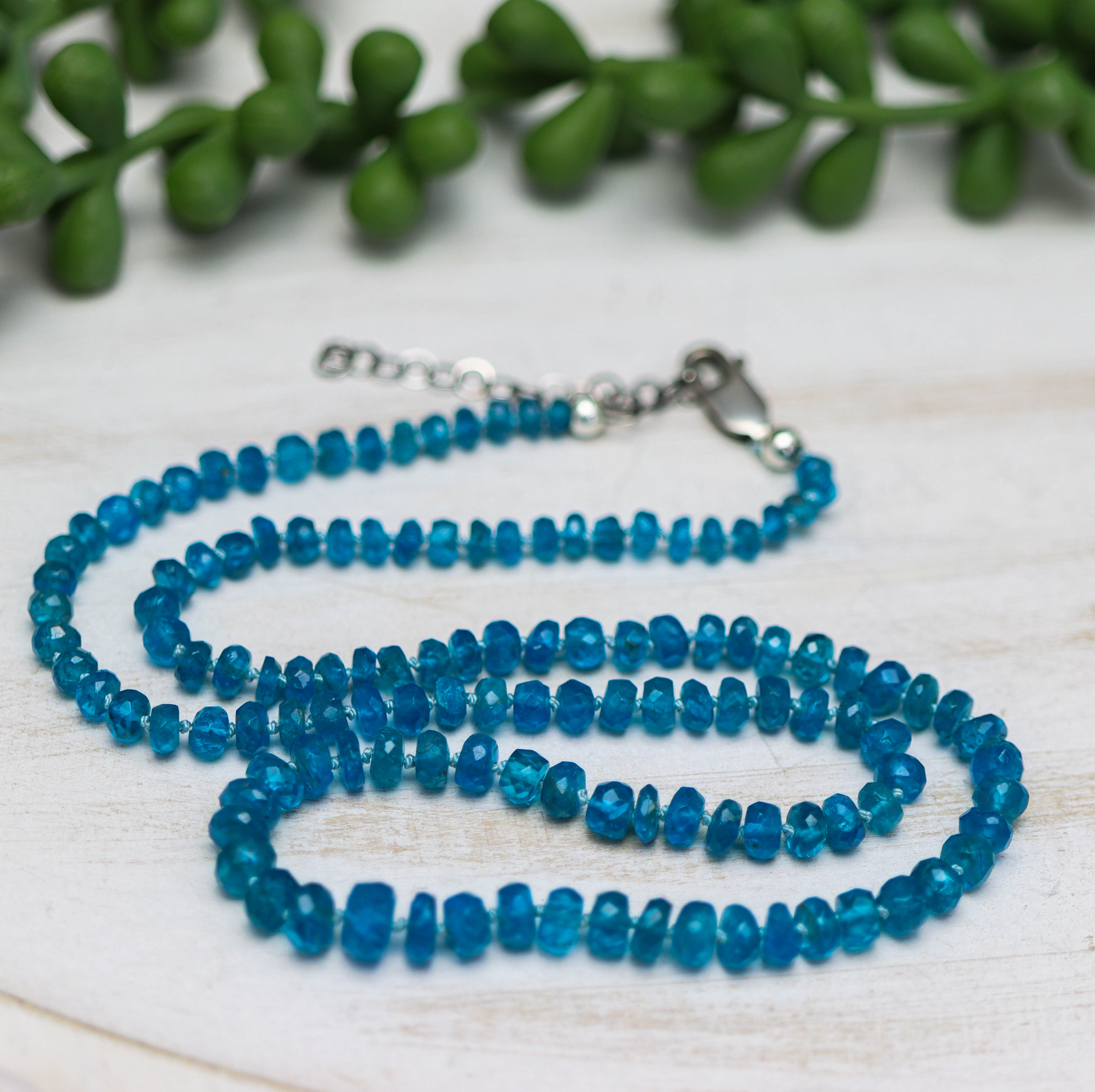 Neon Blue Apatite Hand Knotted Bead Necklace Sterling Silver