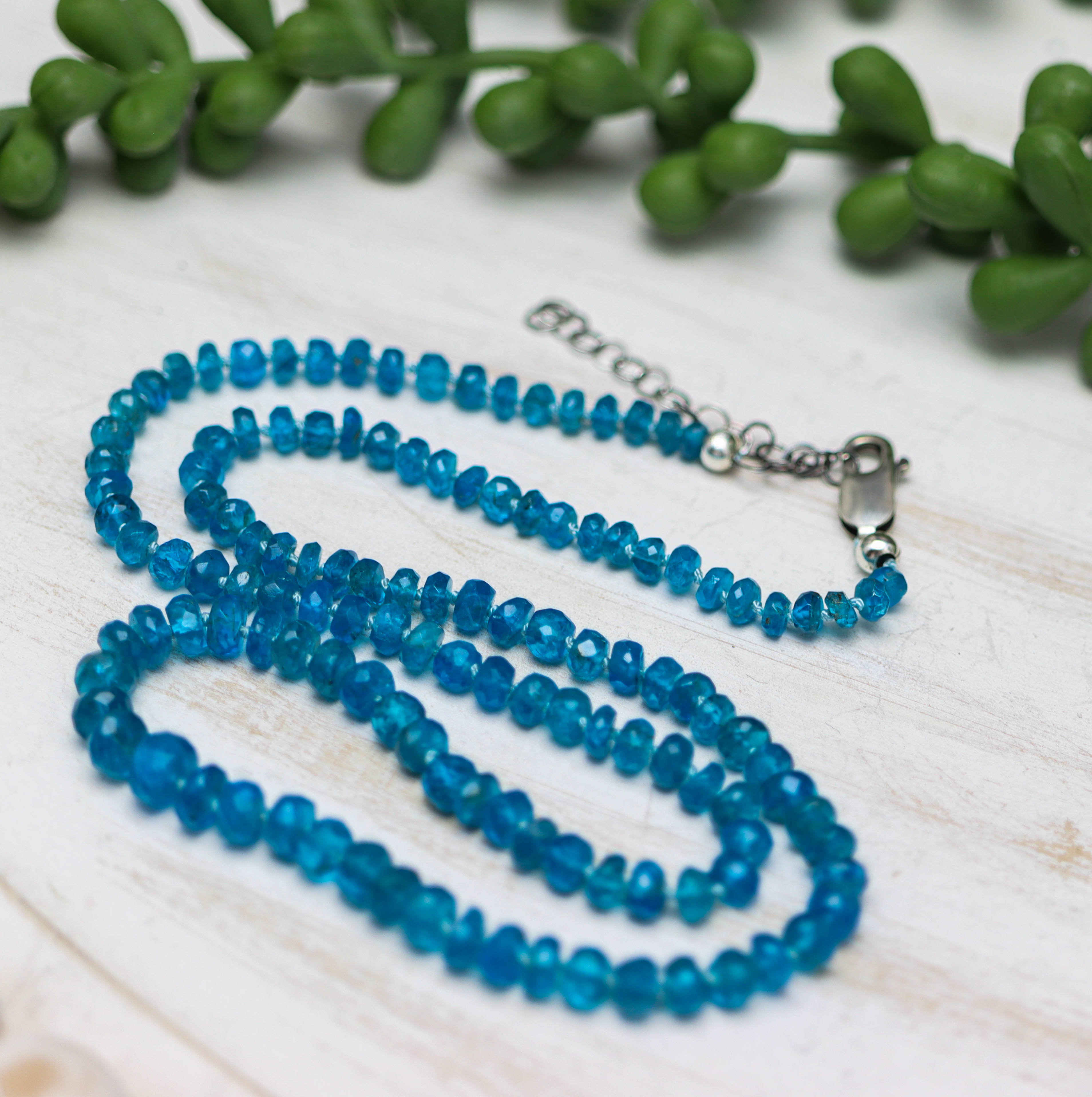 Neon Blue Apatite Hand Knotted Bead Necklace Sterling Silver
