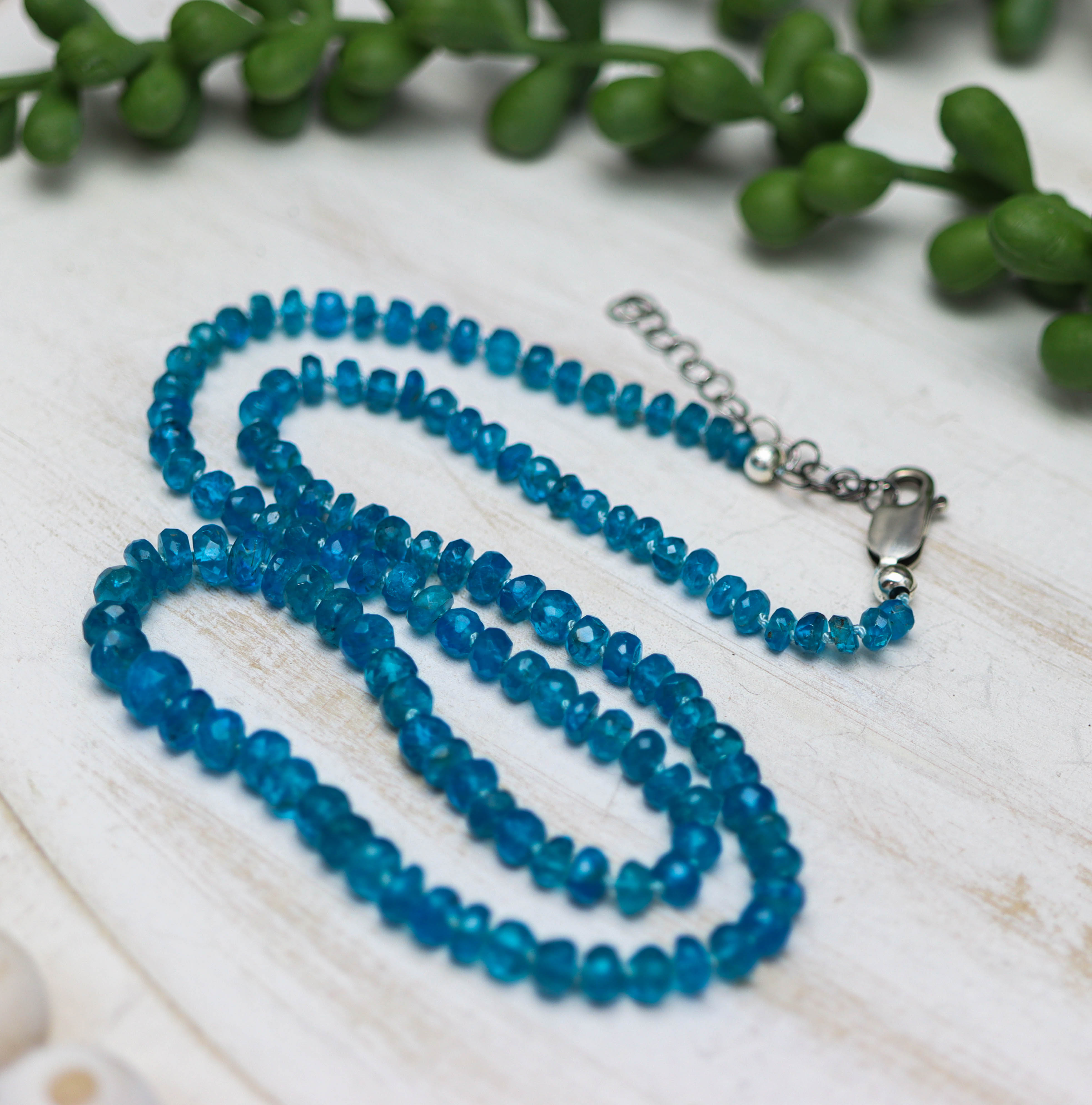 Neon Blue Apatite Hand Knotted Bead Necklace Sterling Silver