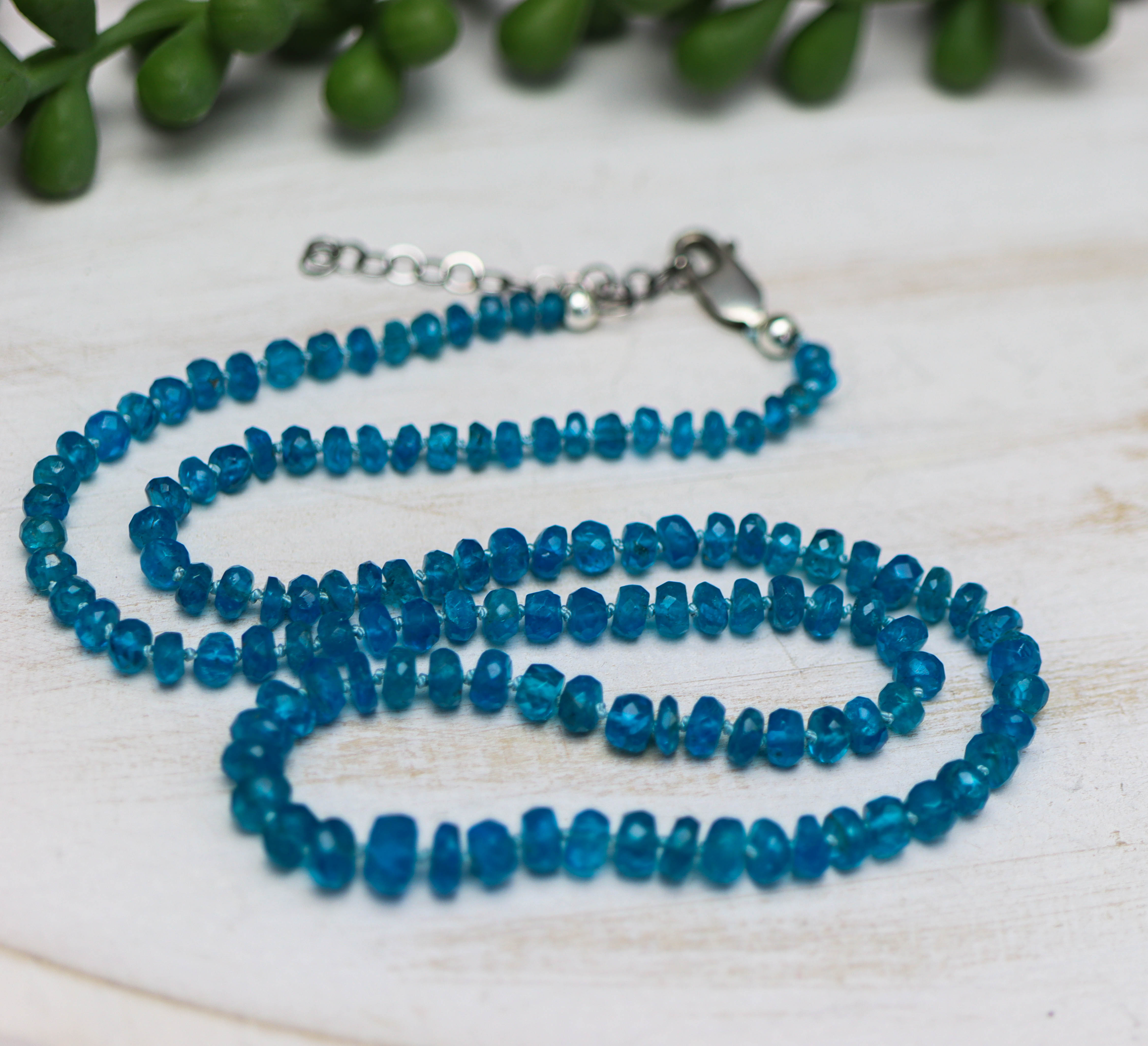 Neon Blue Apatite Hand Knotted Bead Necklace Sterling Silver