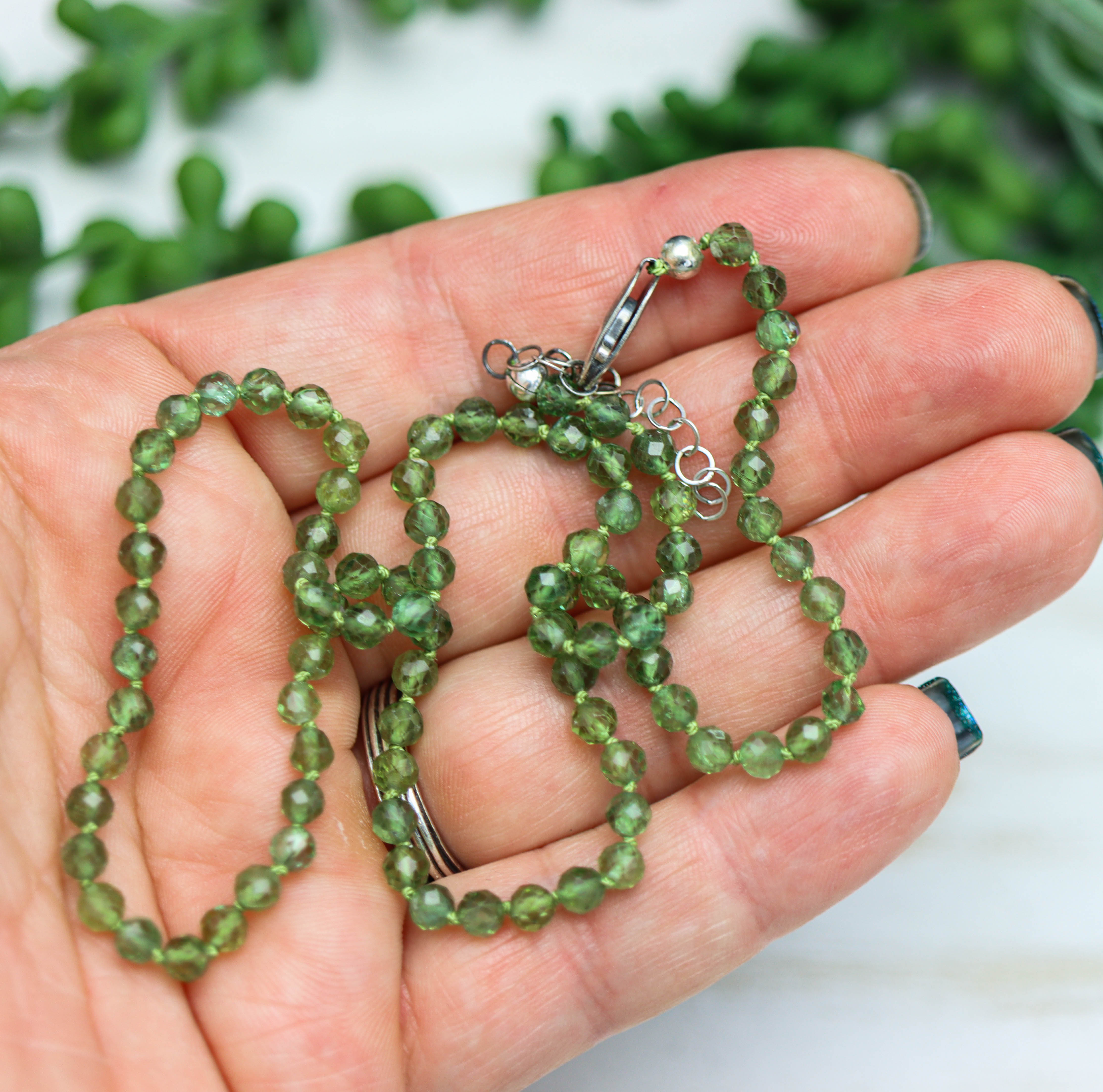 Green Apatite Hand Knotted Bead Necklace Sterling Silver 18 inch