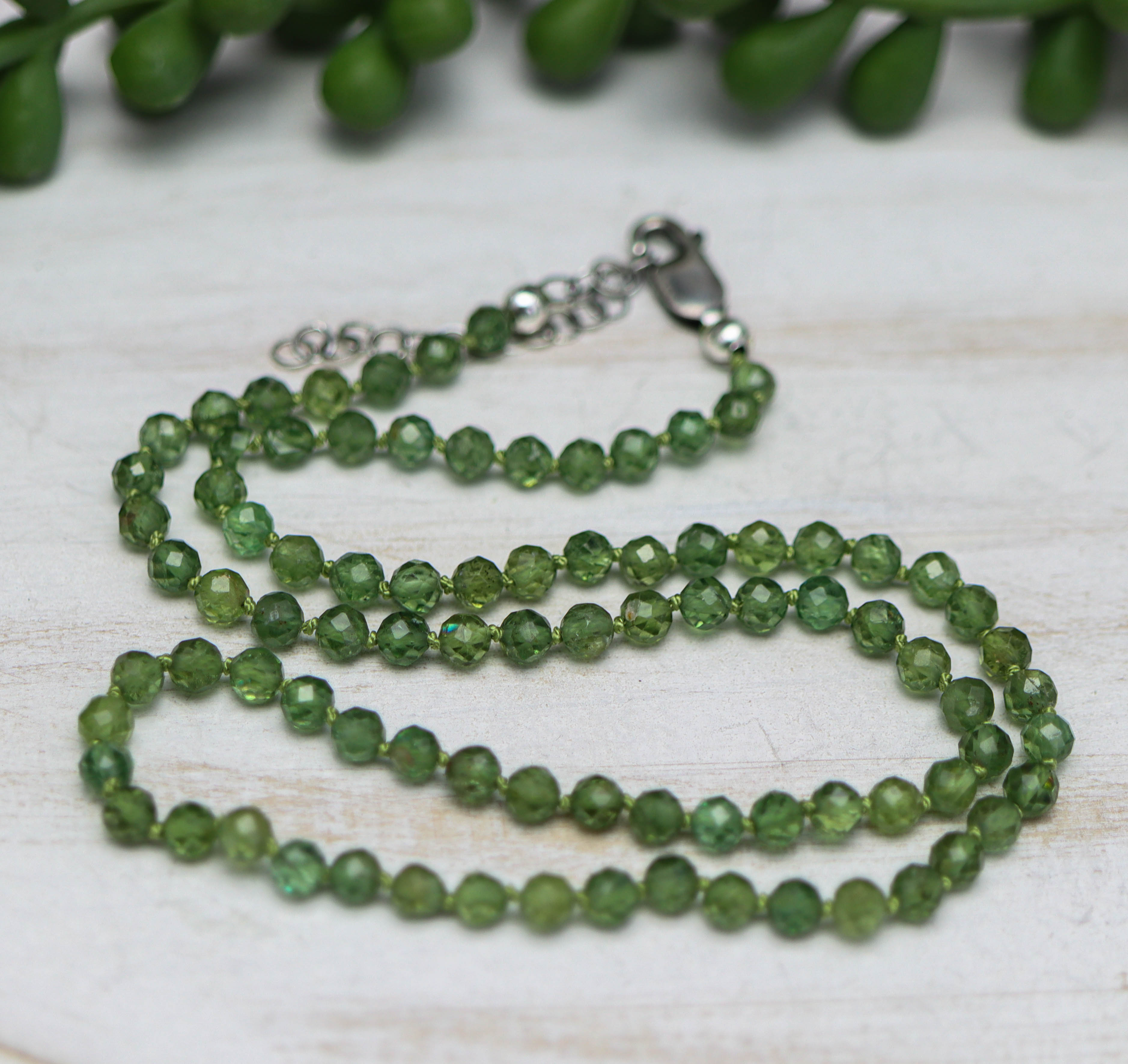 Green Apatite Hand Knotted Bead Necklace Sterling Silver 18 inch