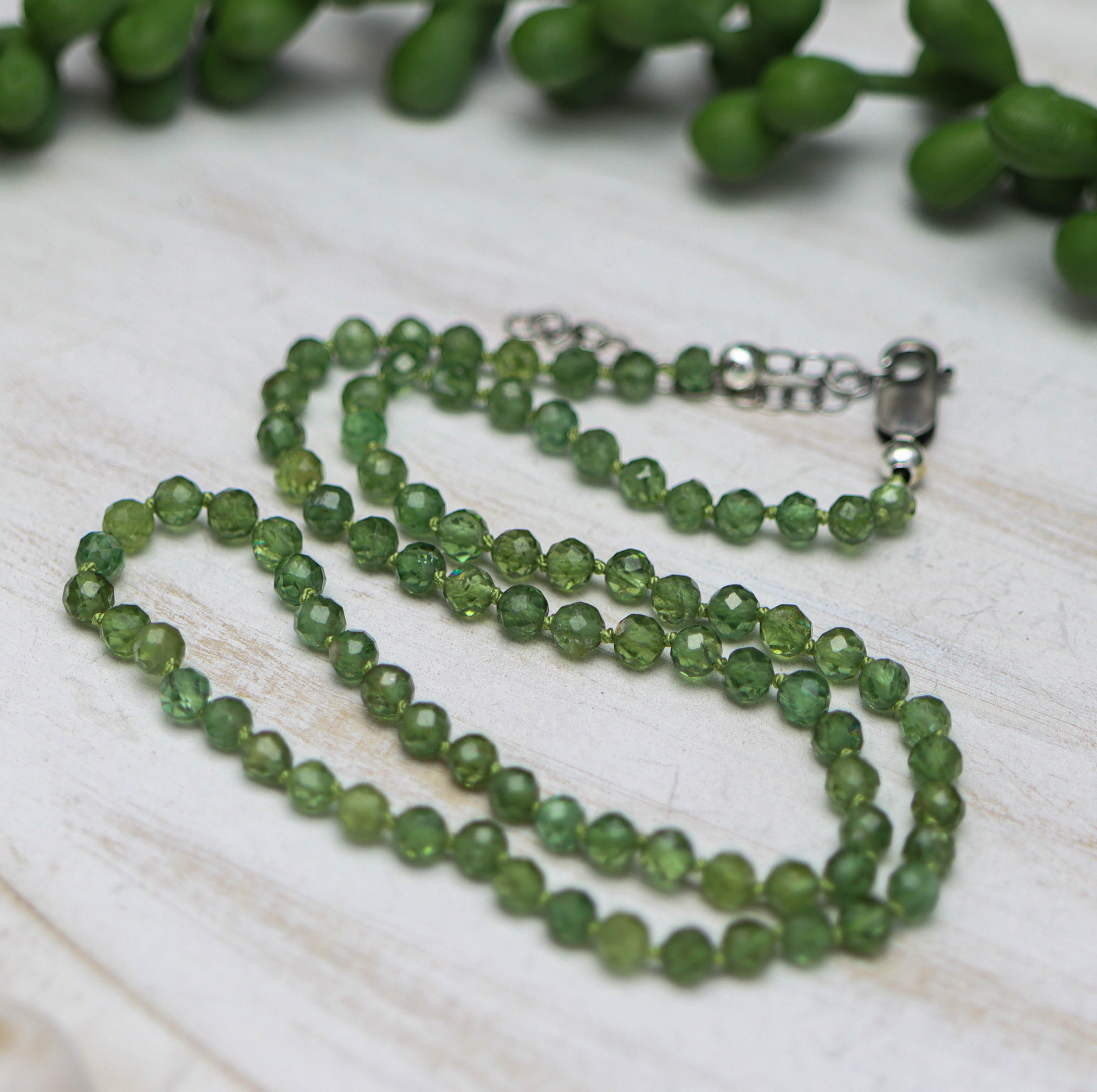 Green Apatite Hand Knotted Bead Necklace Sterling Silver 18 inch