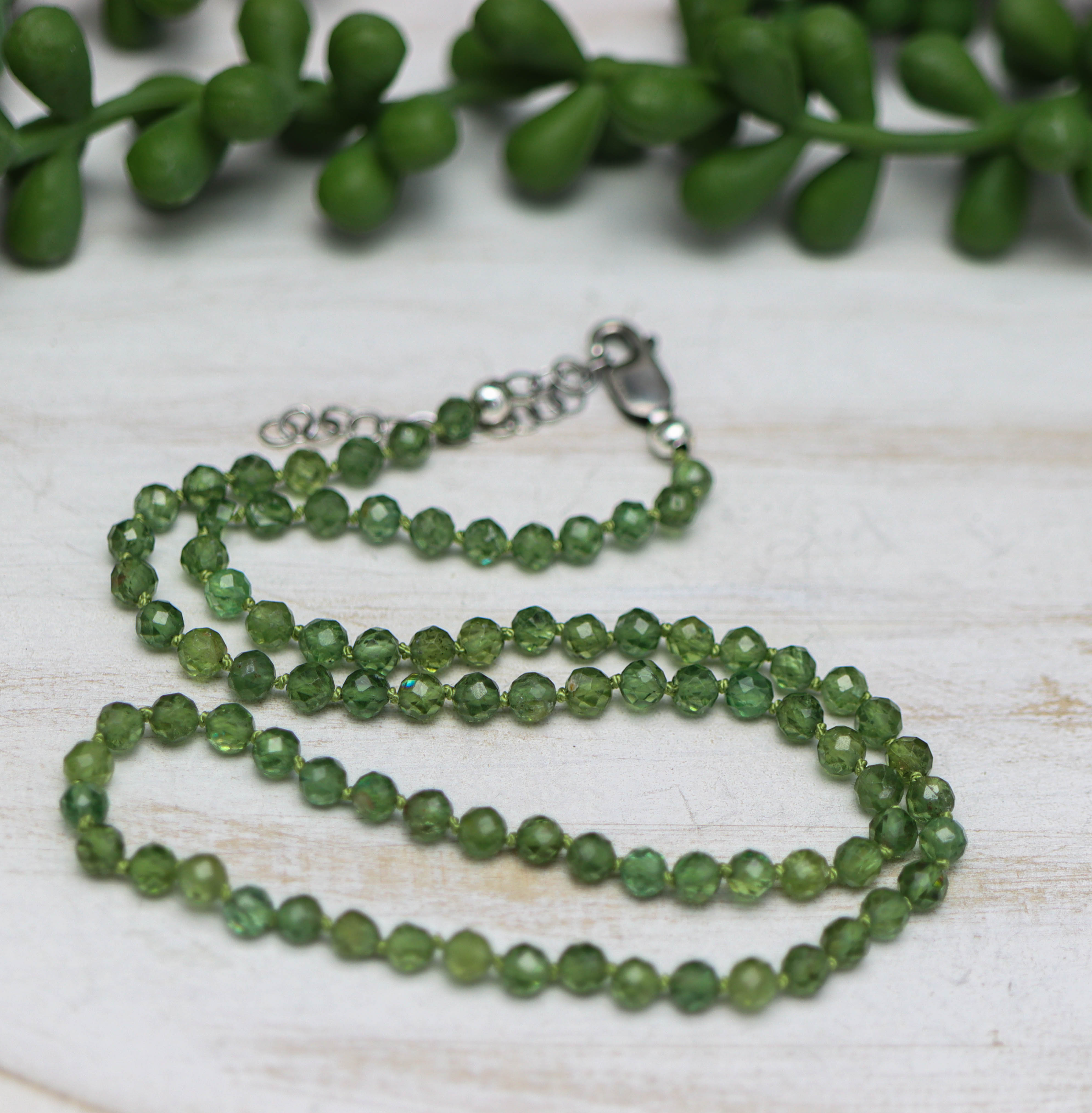 Green Apatite Hand Knotted Bead Necklace Sterling Silver 18 inch
