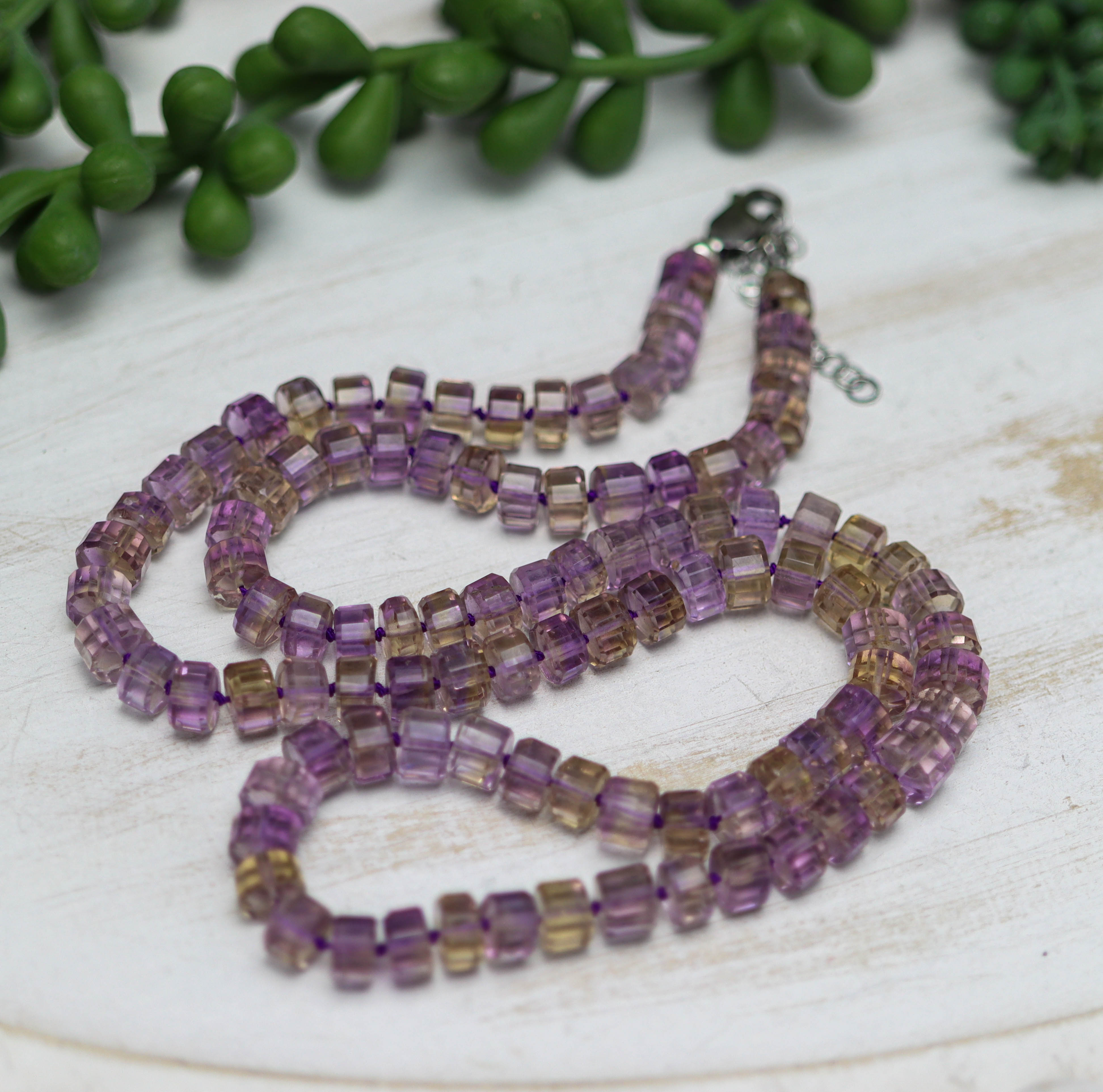 Ametrine Hand Knotted Bead Necklace Sterling Silver Faceted Barrels