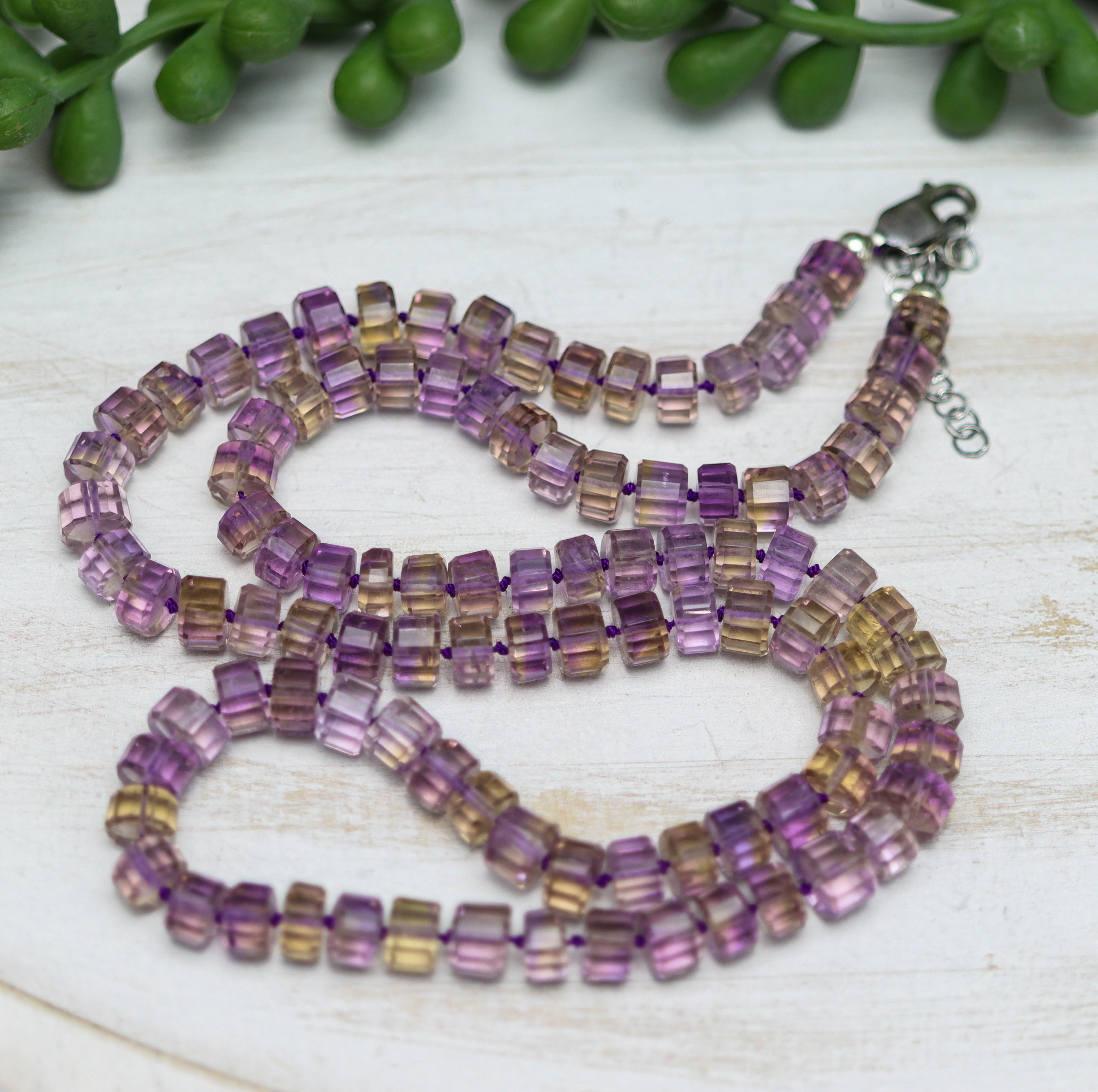 Ametrine Hand Knotted Bead Necklace Sterling Silver Faceted Barrels