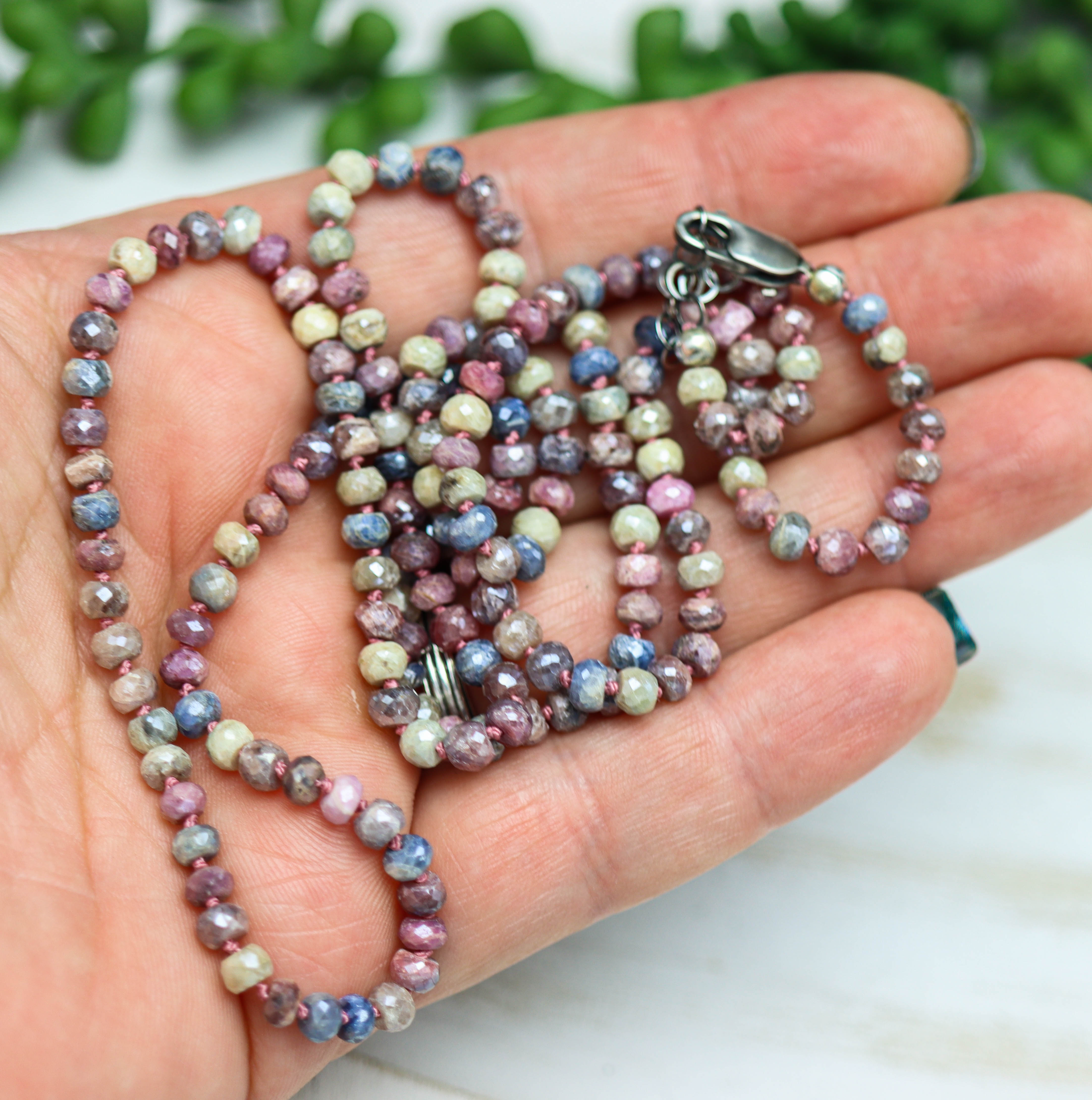 Multi Colored Sapphire Hand Knotted Bead Necklace Sterling Silver 28 inch