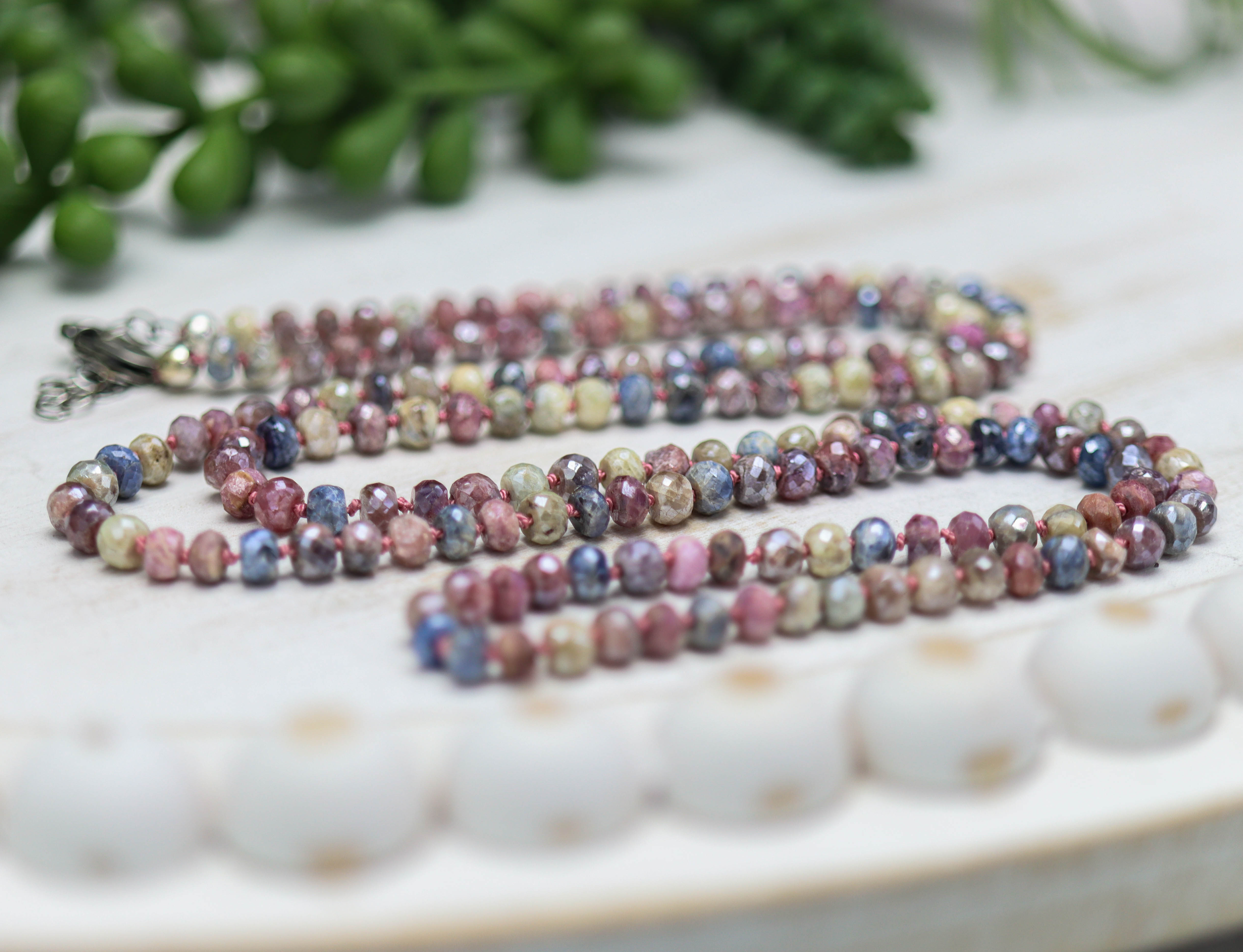 Multi Colored Sapphire Hand Knotted Bead Necklace Sterling Silver 24 inch