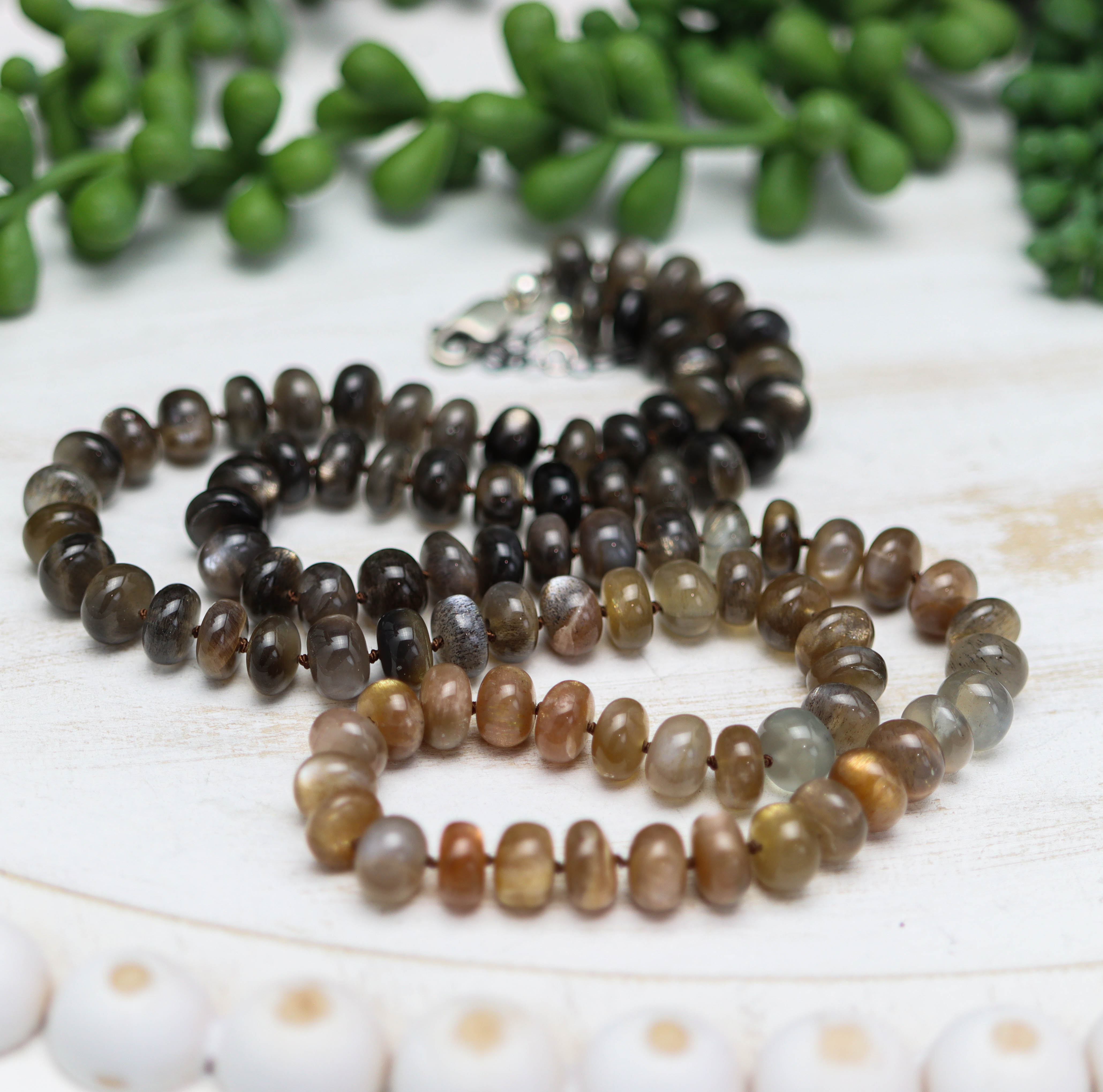 Australian Moonstone Hand Knotted Bead Necklace Sterling Silver LONG