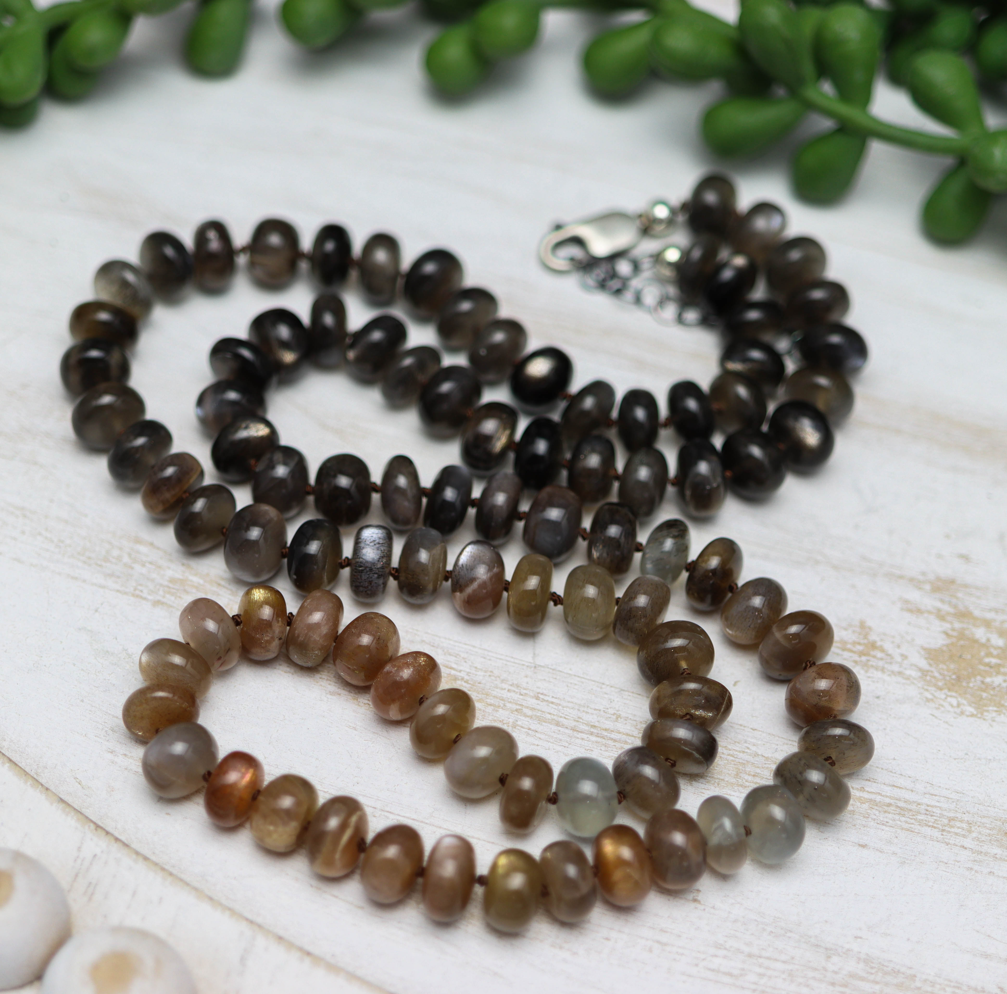 Australian Moonstone Hand Knotted Bead Necklace Sterling Silver LONG