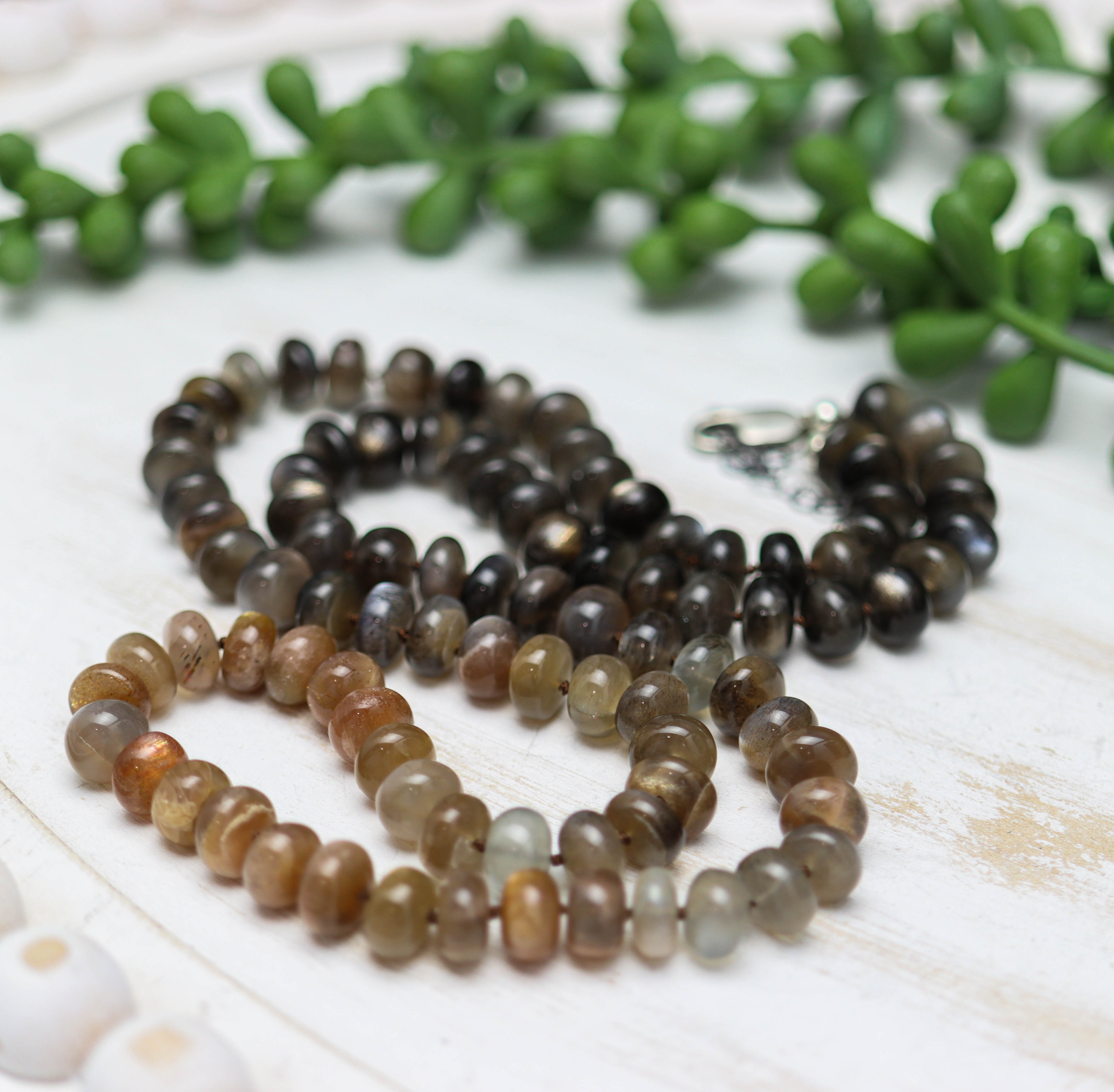 Australian Moonstone Hand Knotted Bead Necklace Sterling Silver LONG
