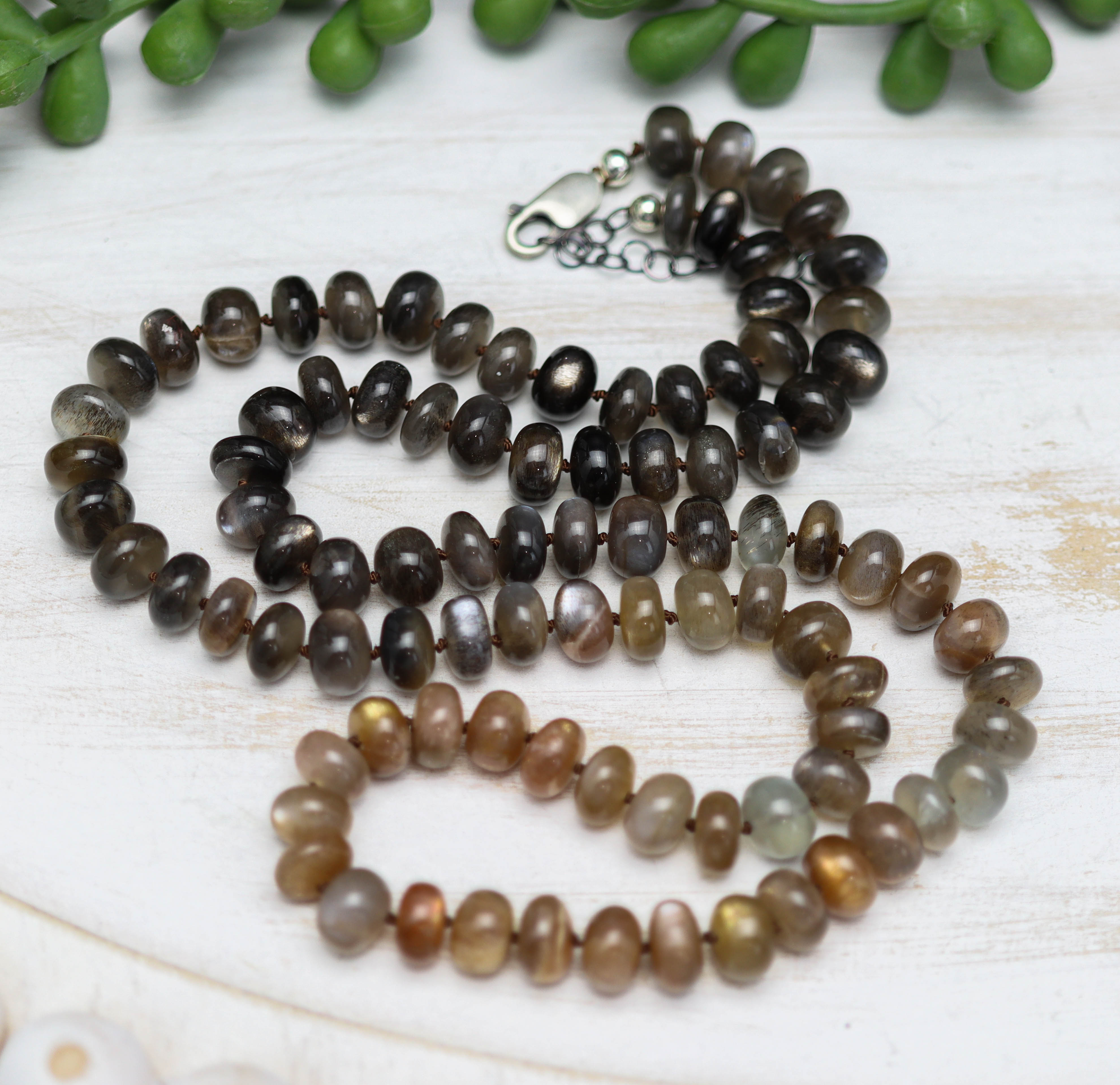 Australian Moonstone Hand Knotted Bead Necklace Sterling Silver LONG
