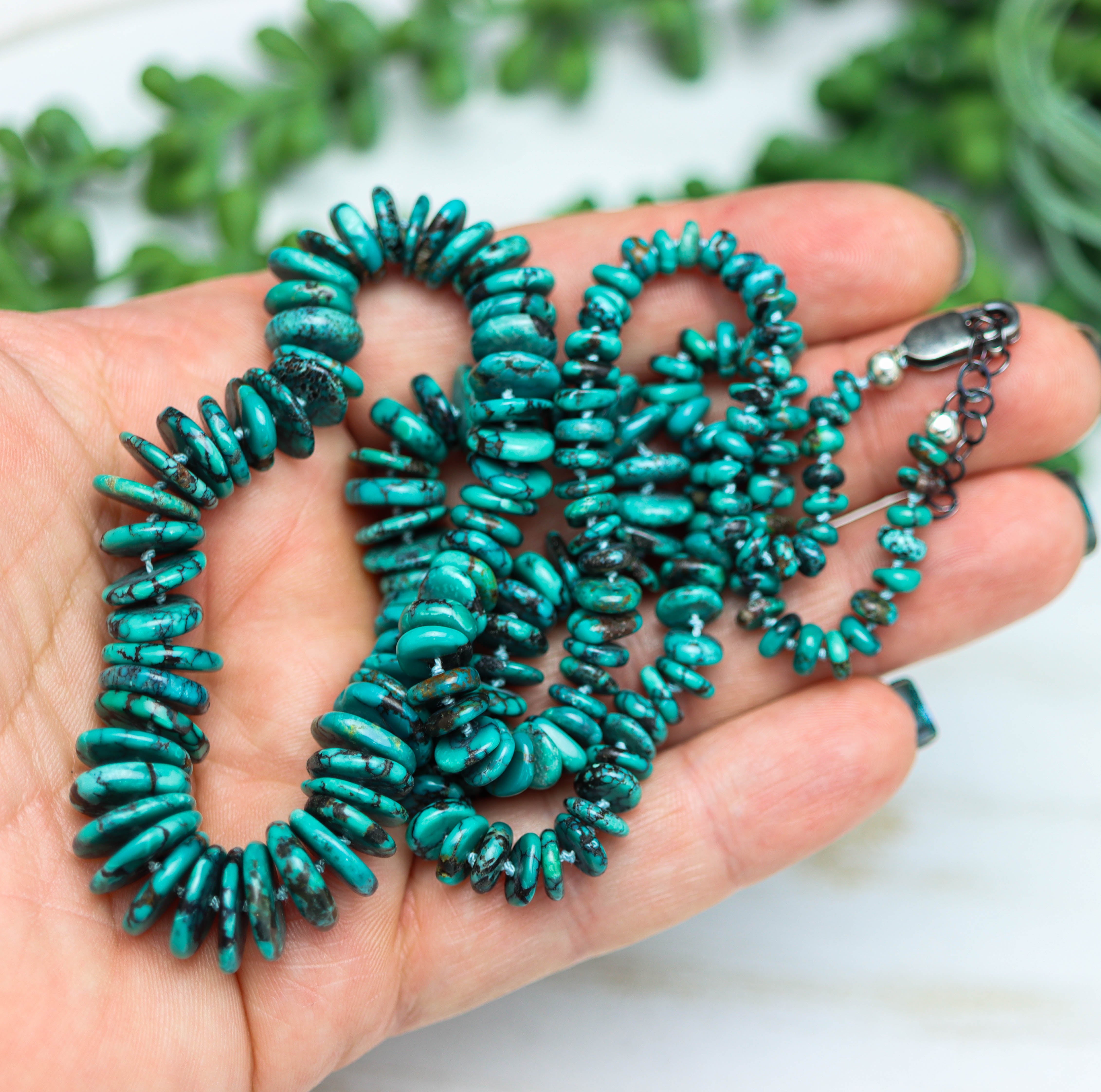 Turquoise Hand Knotted Bead Necklace Sterling Silver