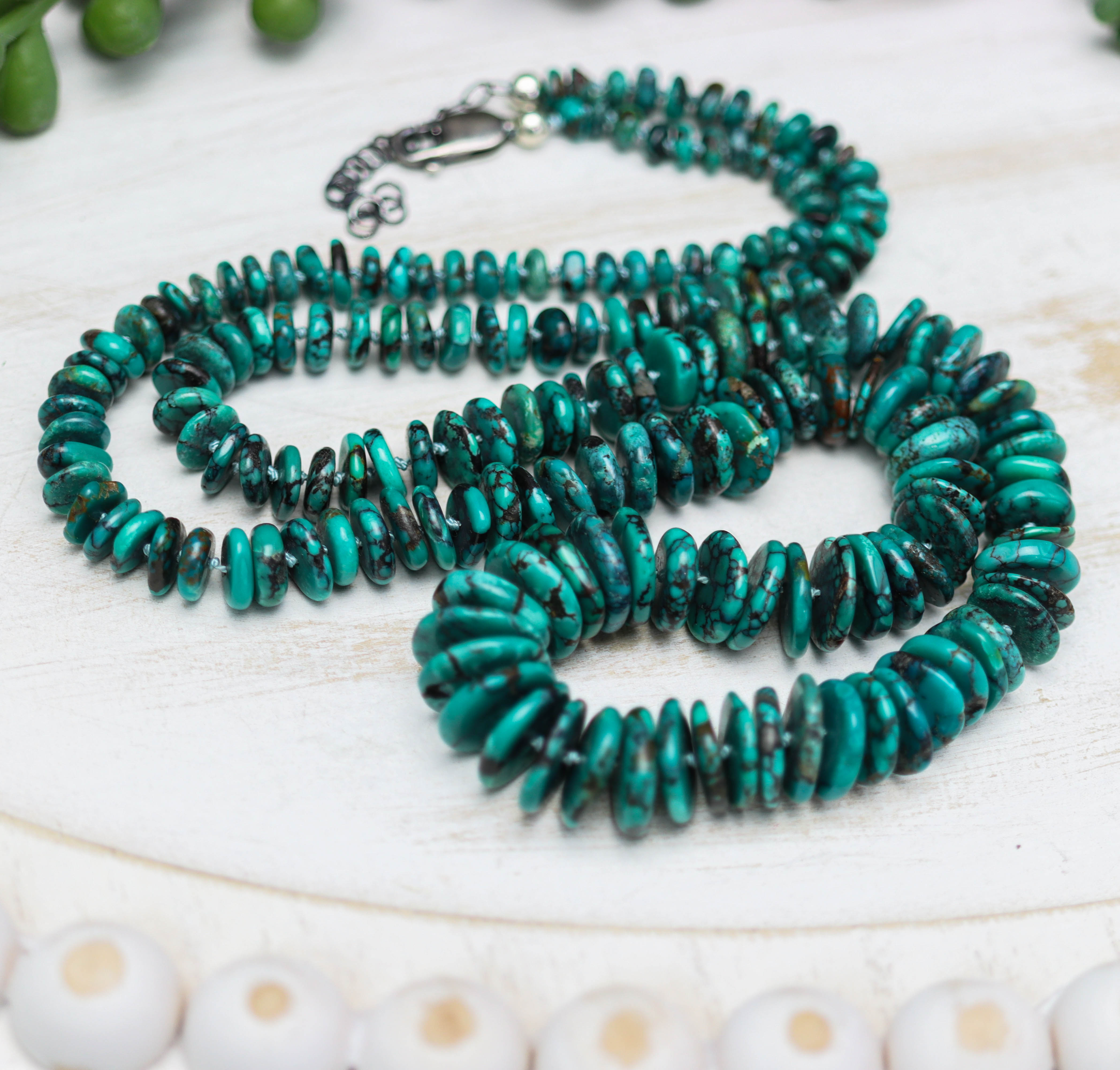 Turquoise Hand Knotted Bead Necklace Sterling Silver