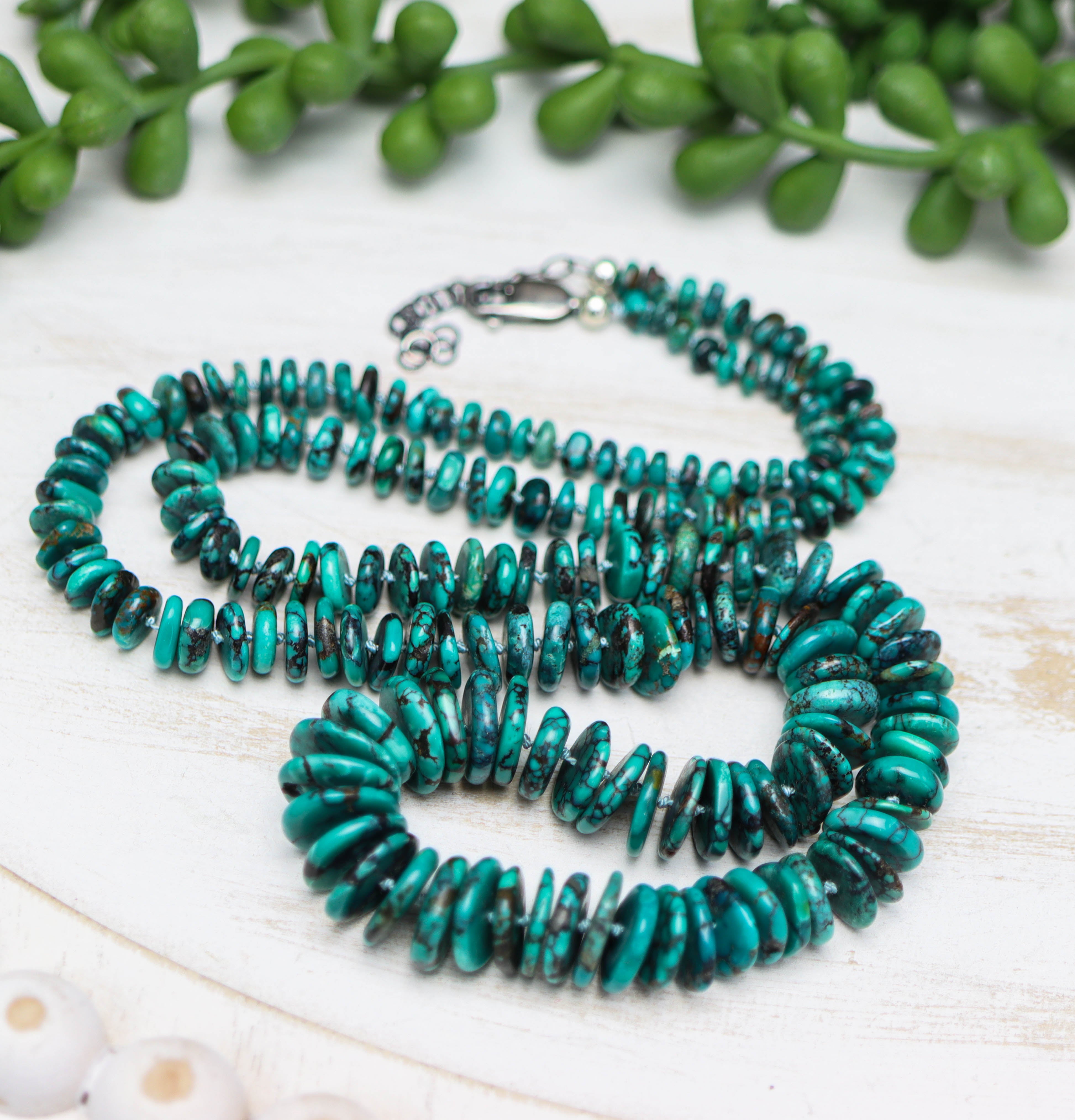 Turquoise Hand Knotted Bead Necklace Sterling Silver