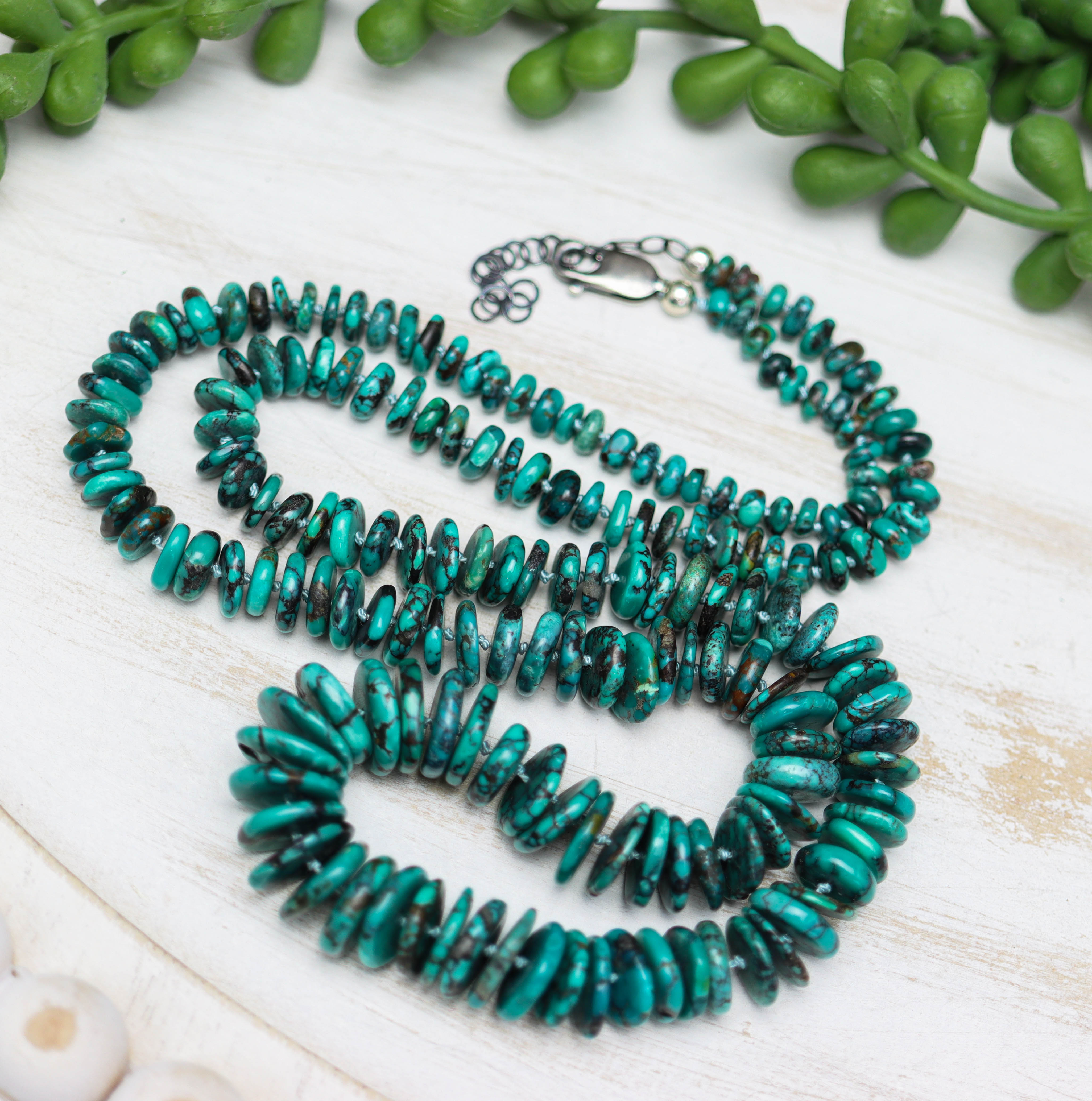 Turquoise Hand Knotted Bead Necklace Sterling Silver