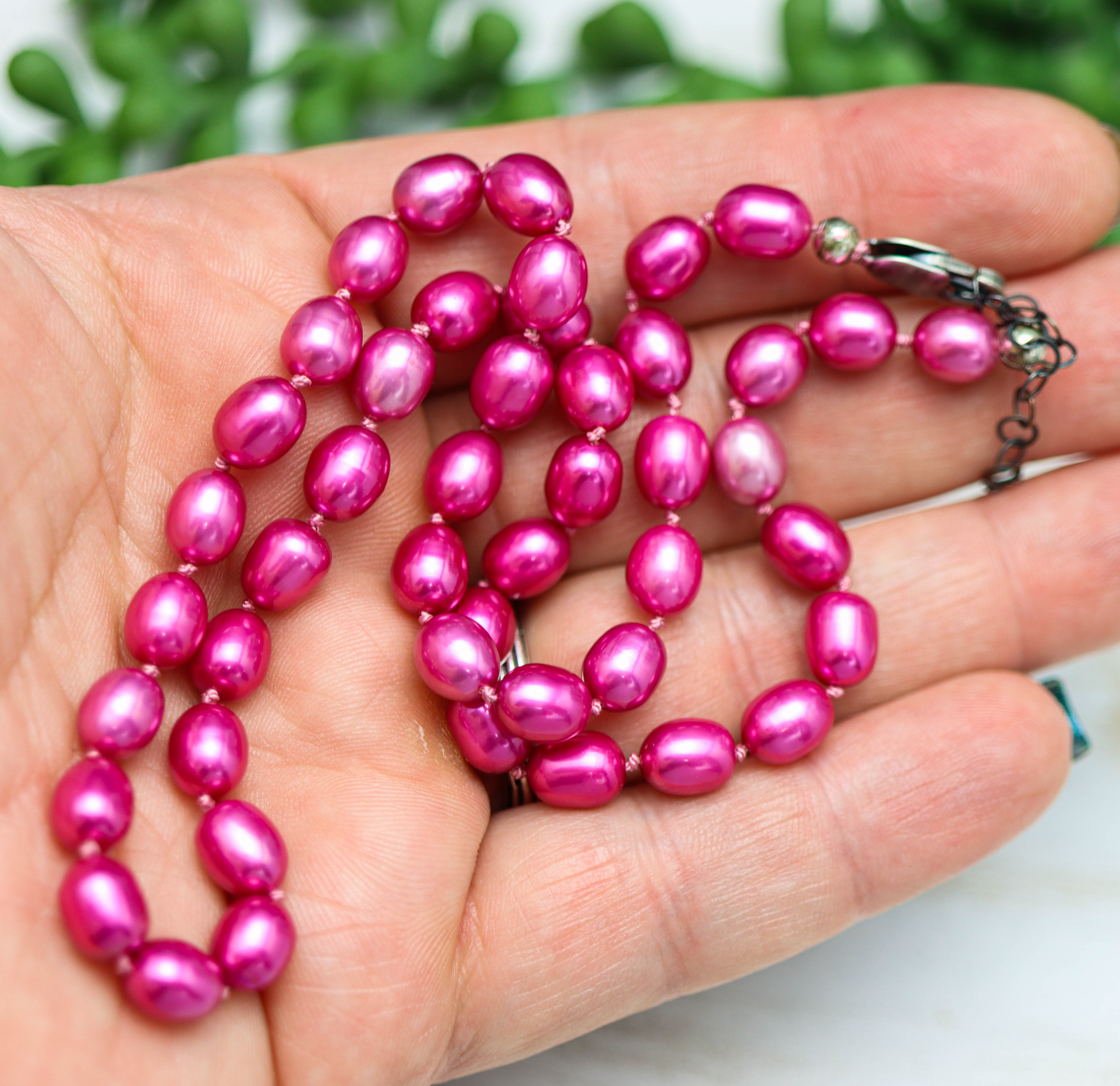Hot Pink Pearl Hand Knotted Bead Necklace Sterling Silver