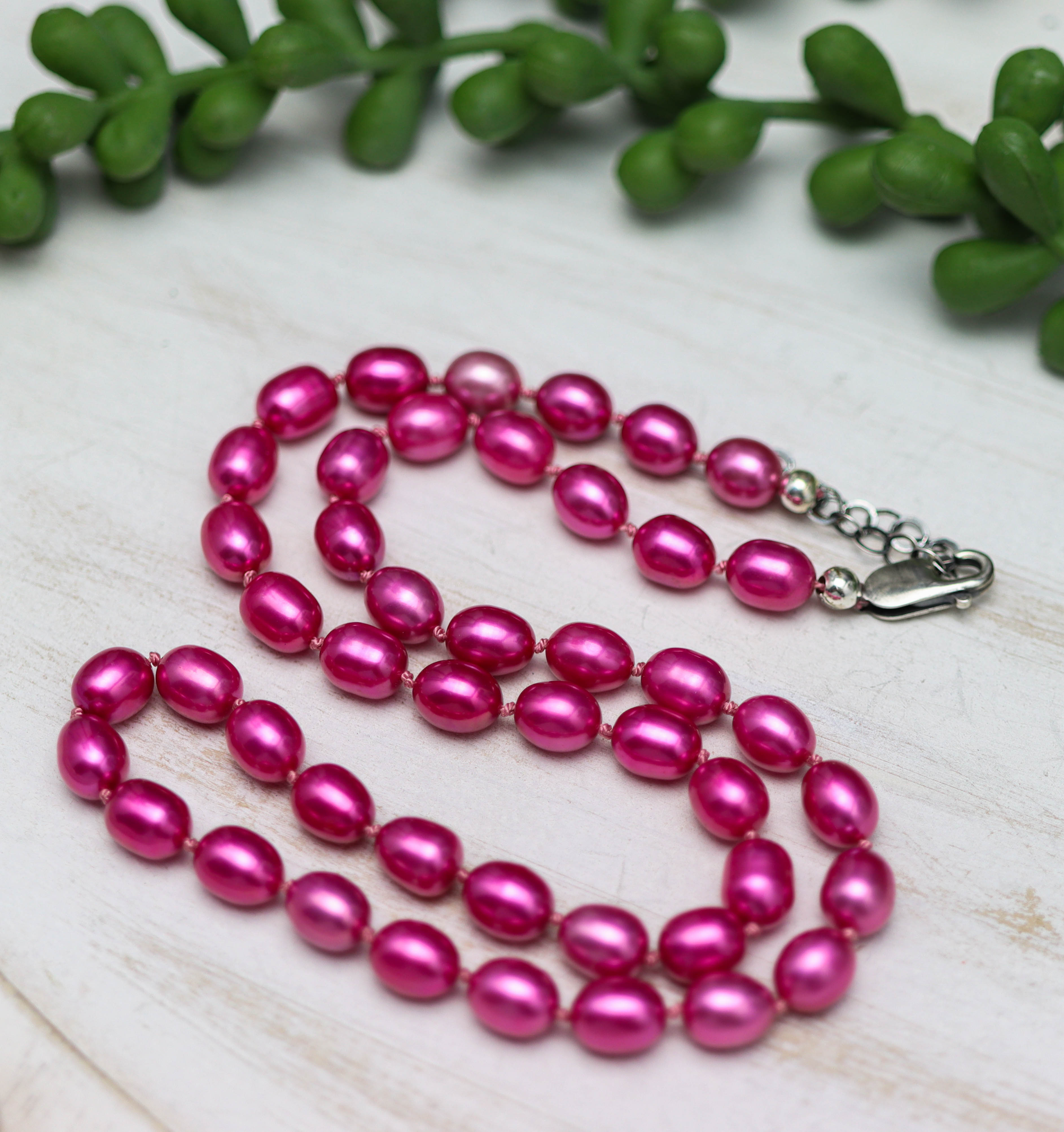 Hot Pink Pearl Hand Knotted Bead Necklace Sterling Silver