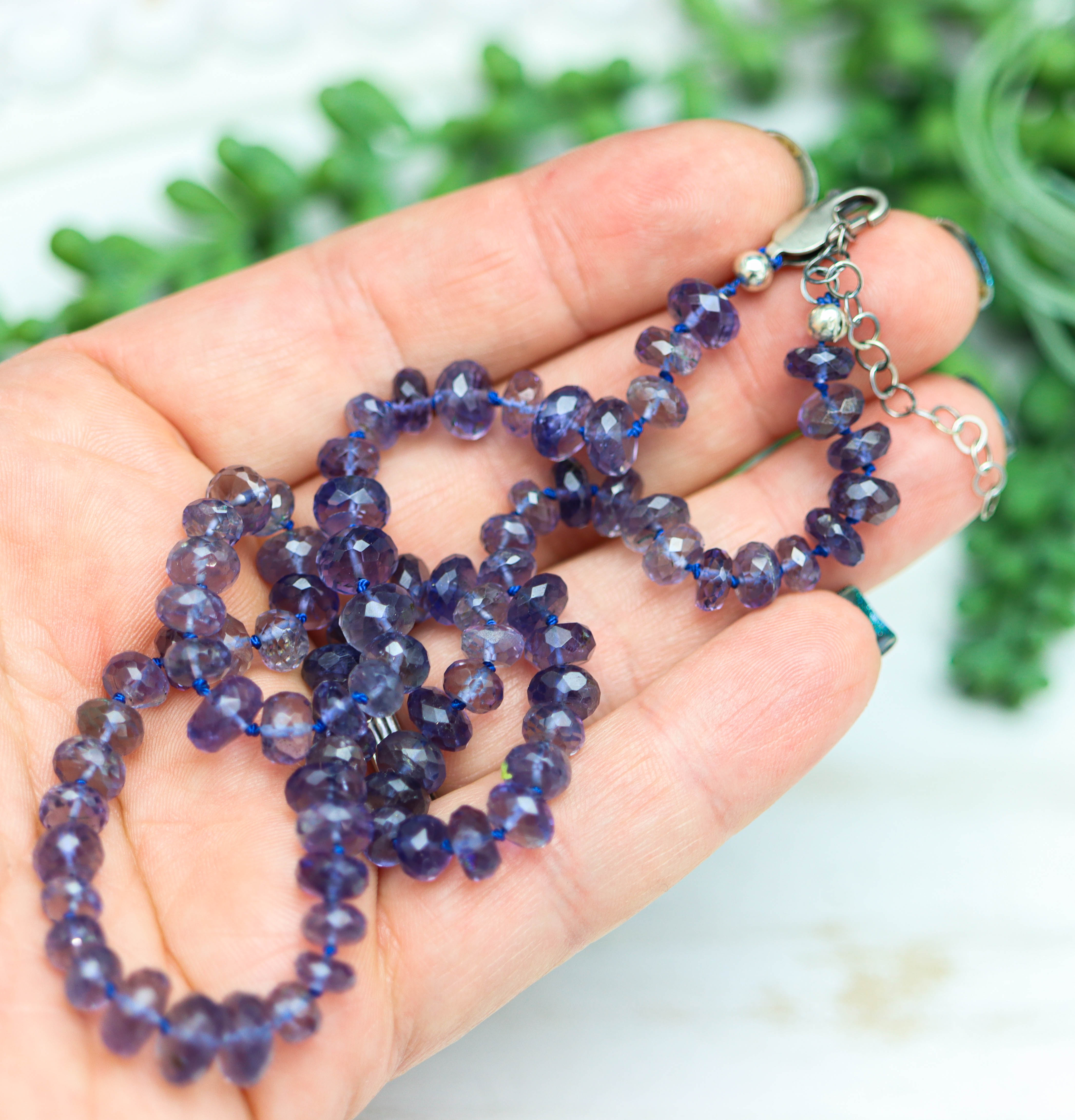 Blue Violet Iolite Hand Knotted Bead Necklace Sterling Silver 19 inch