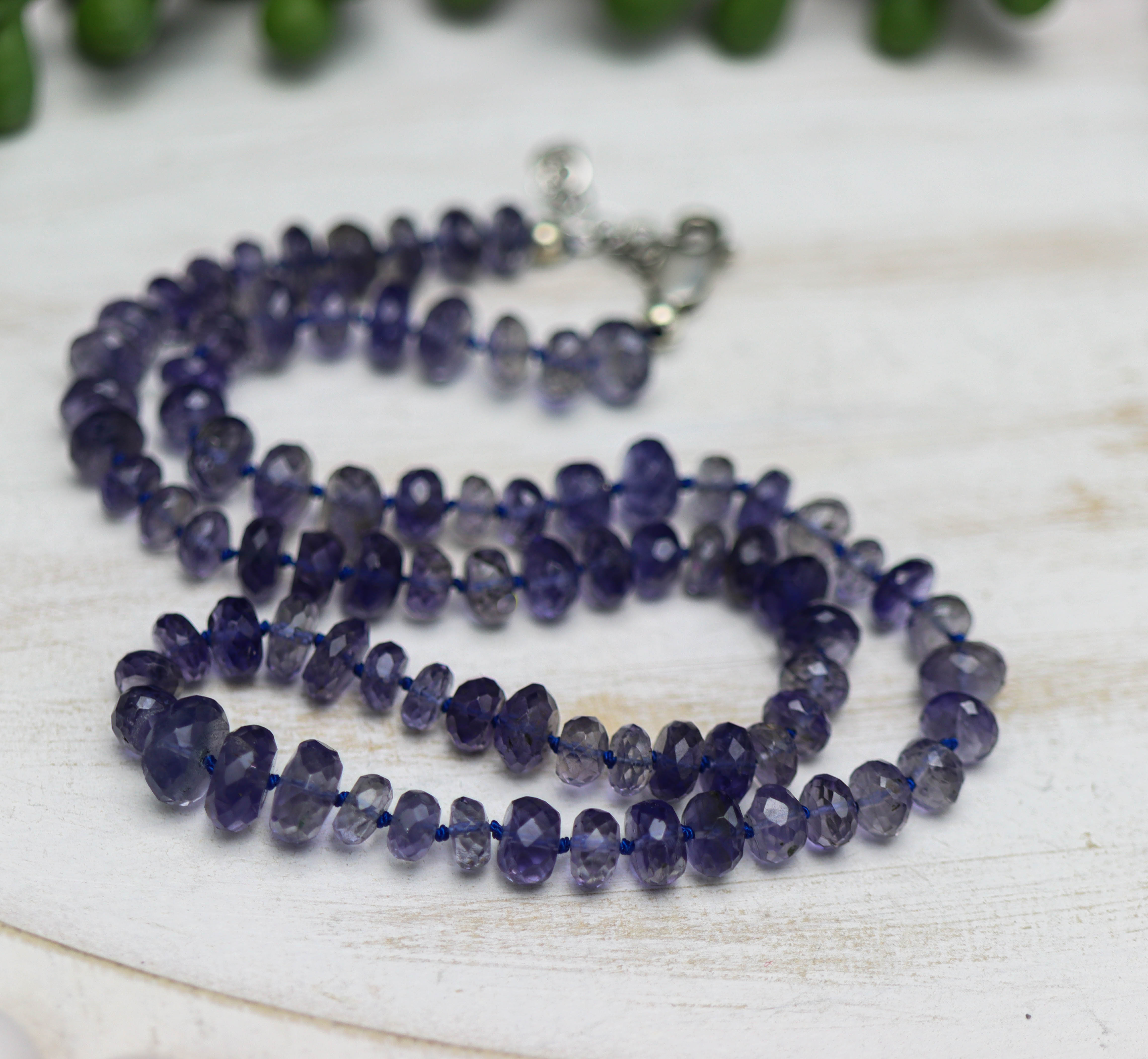 Blue Violet Iolite Hand Knotted Bead Necklace Sterling Silver 19 inch