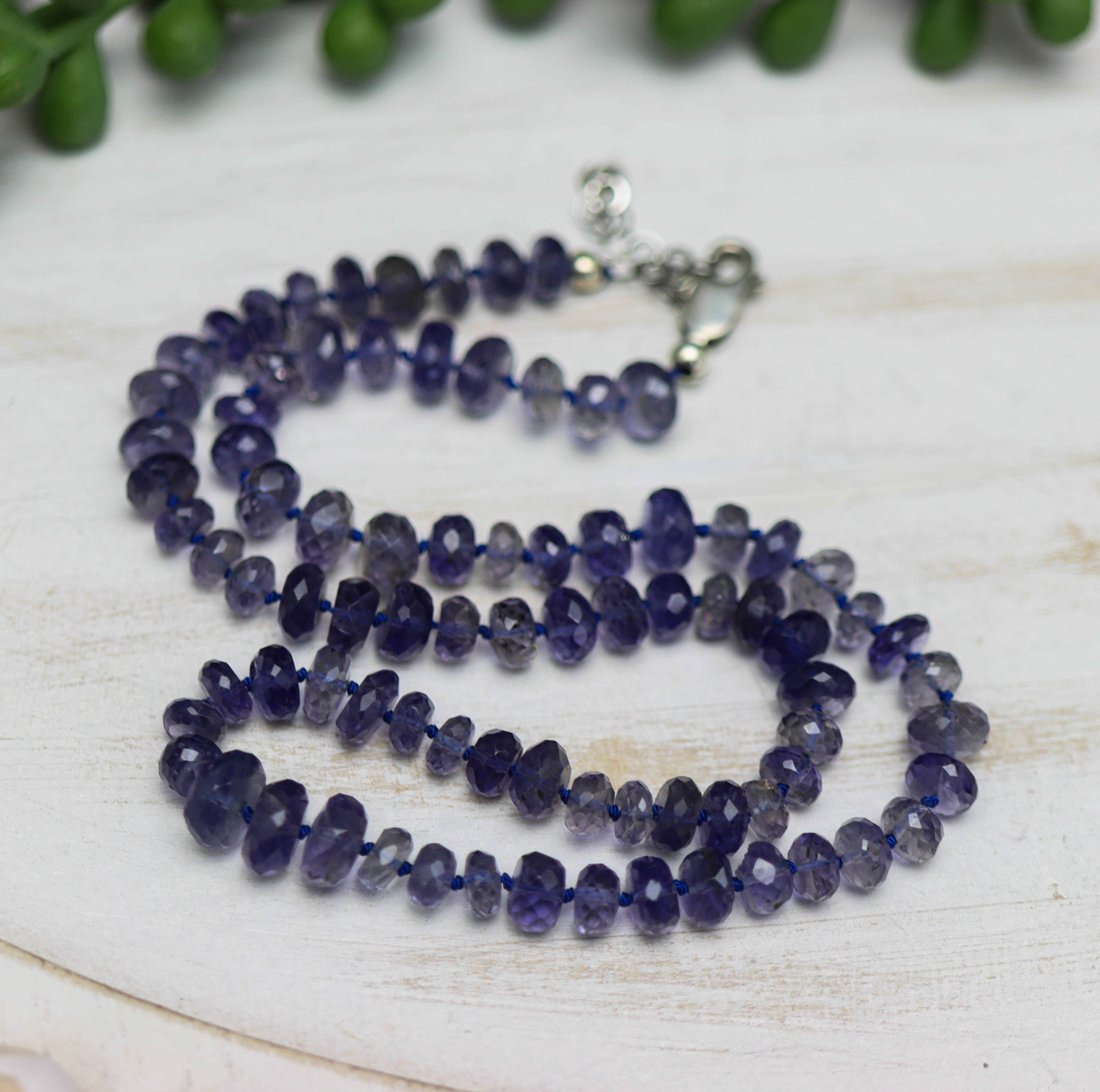 Blue Violet Iolite Hand Knotted Bead Necklace Sterling Silver 19 inch