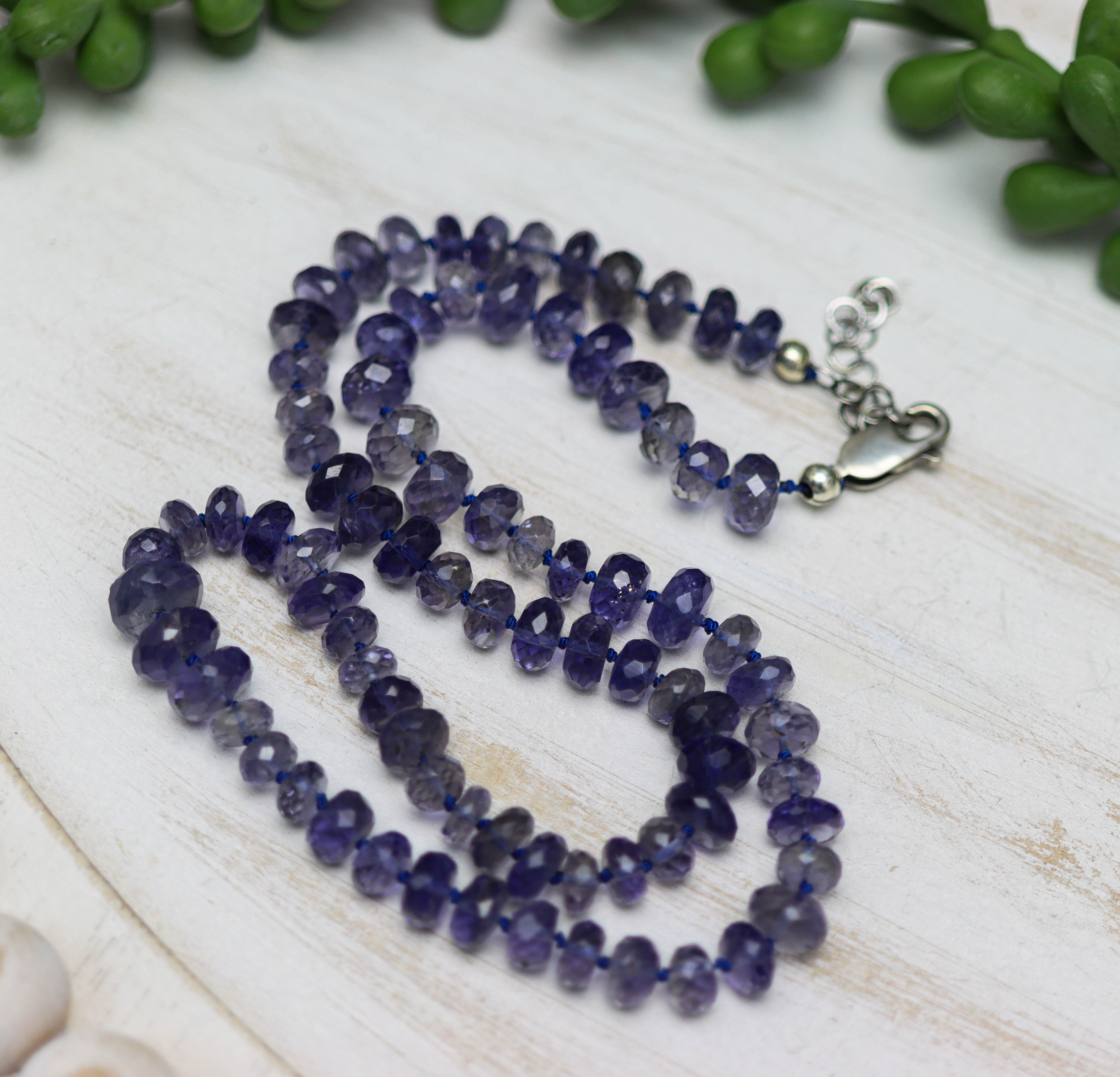 Blue Violet Iolite Hand Knotted Bead Necklace Sterling Silver 19 inch