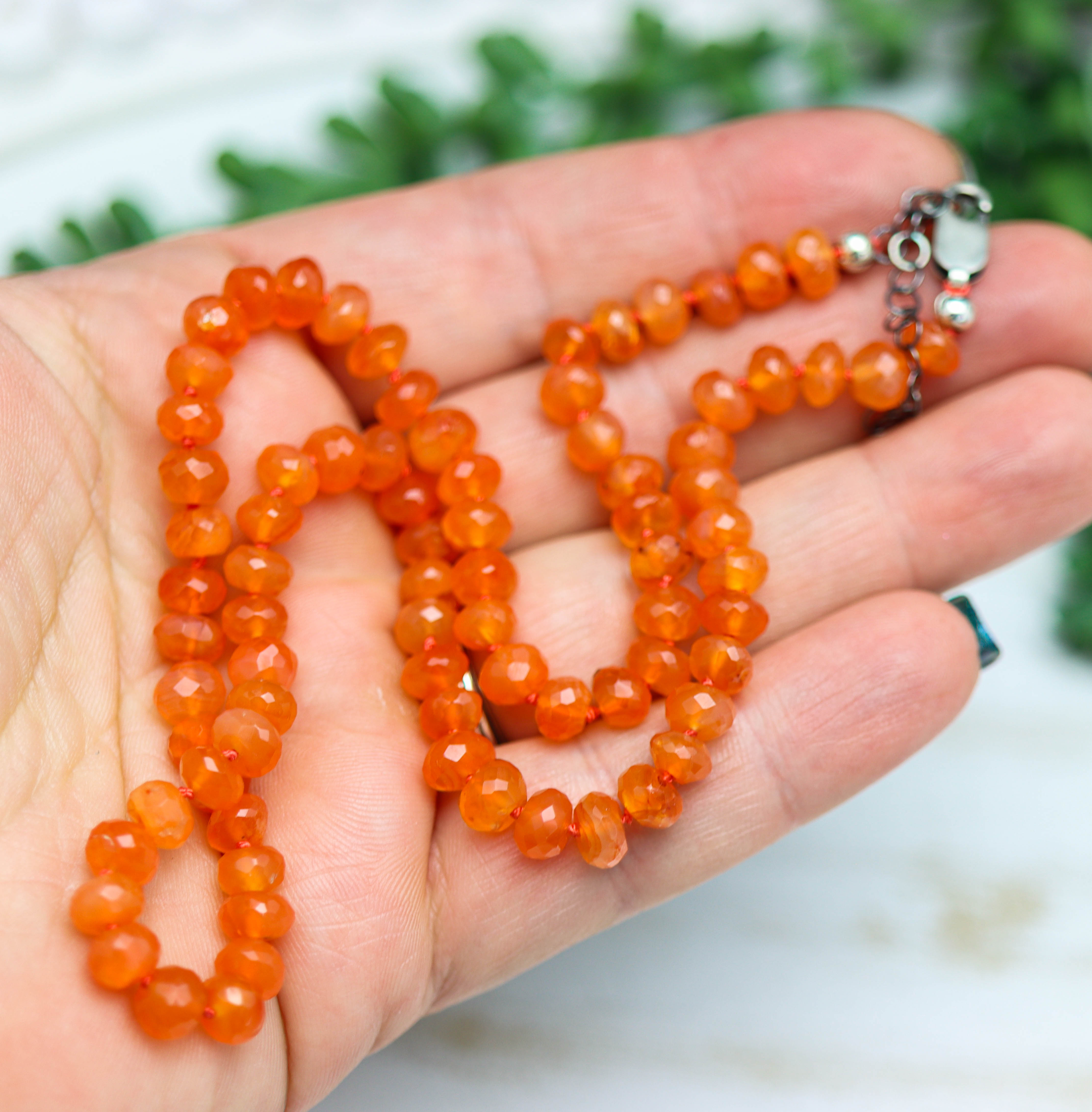 Juicy Orange Carnelian Hand Knotted Bead Necklace Sterling Silver