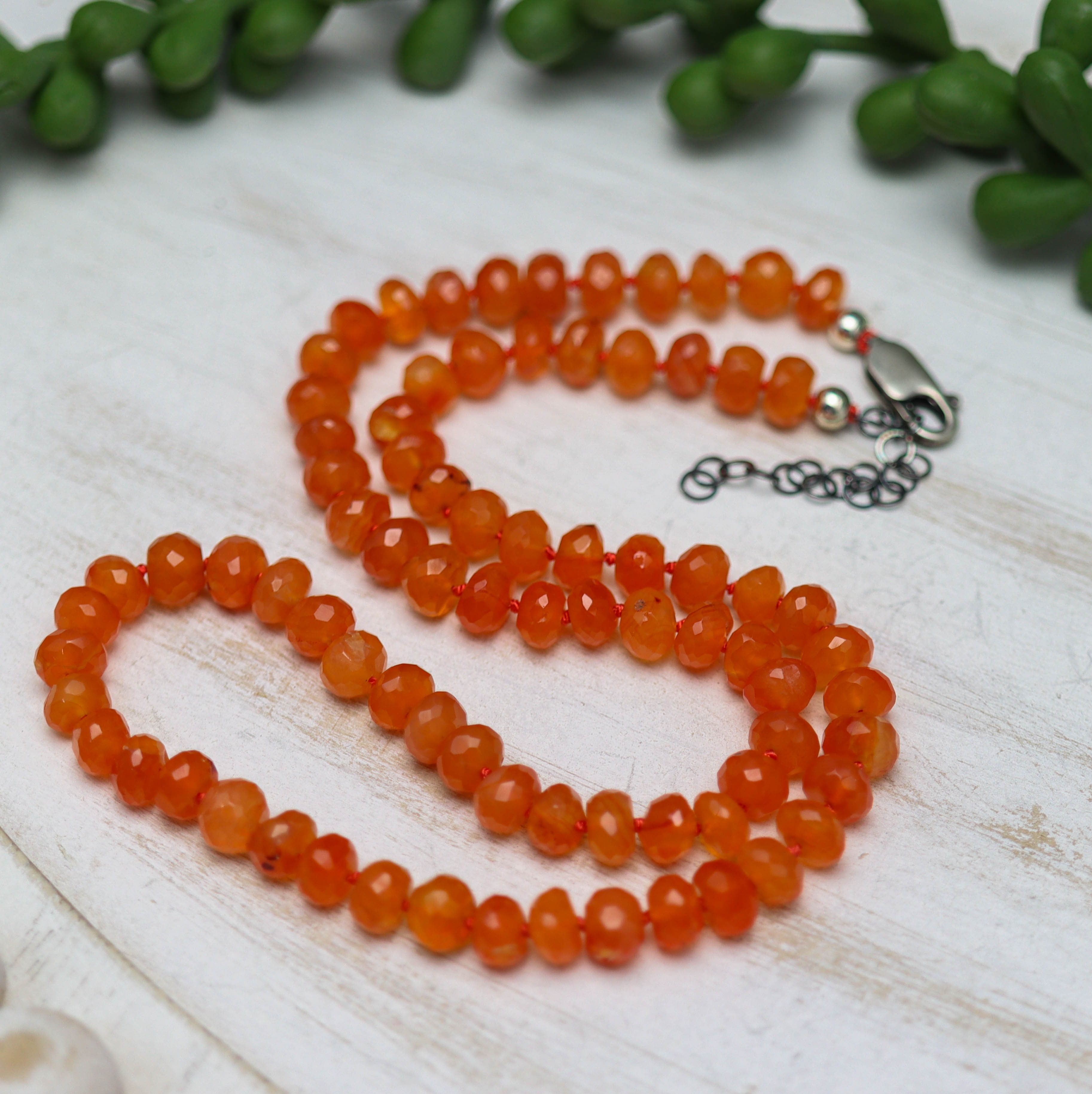 Juicy Orange Carnelian Hand Knotted Bead Necklace Sterling Silver