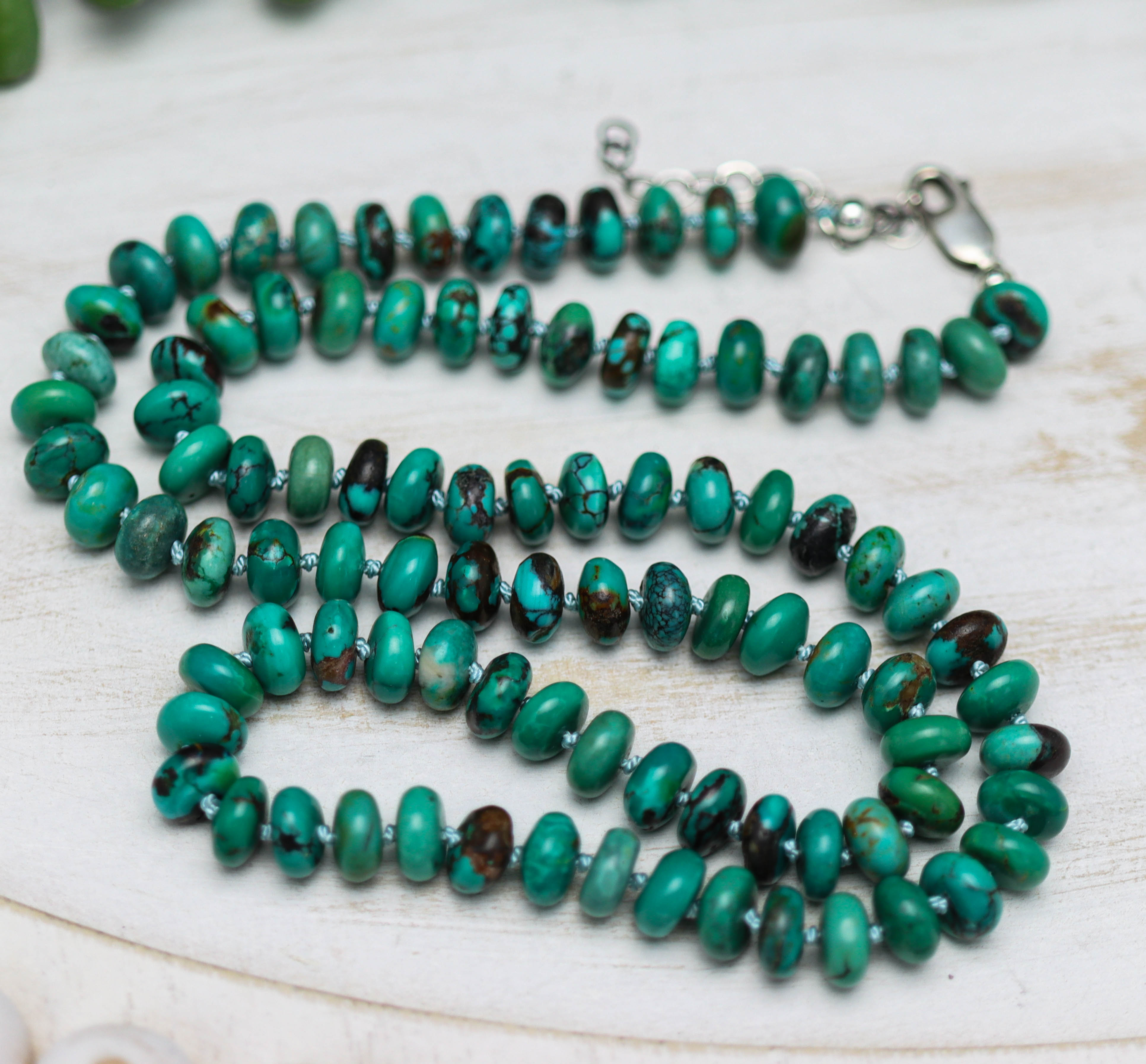 Turquoise Hand Knotted Bead Necklace Sterling Silver