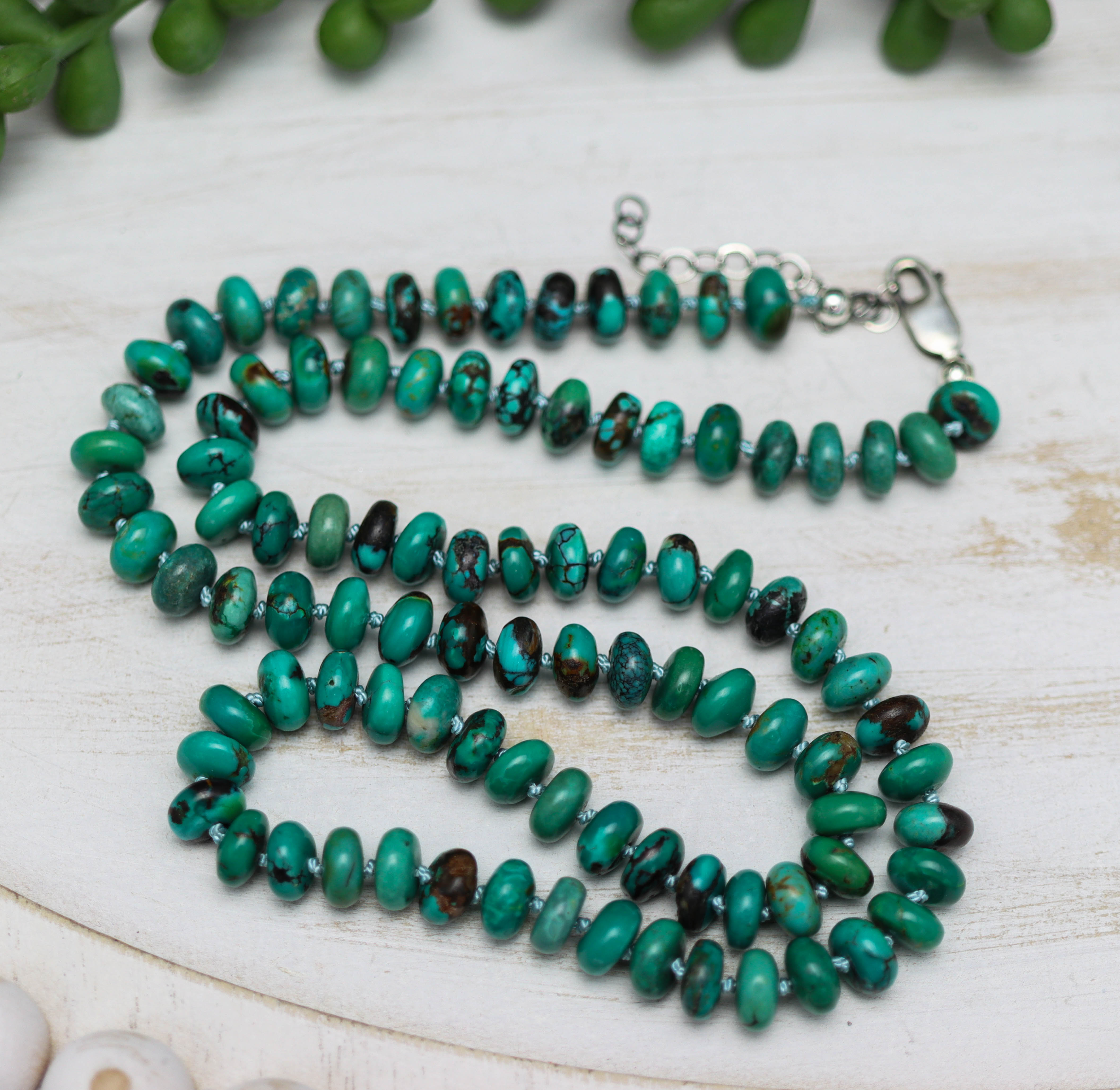 Turquoise Hand Knotted Bead Necklace Sterling Silver