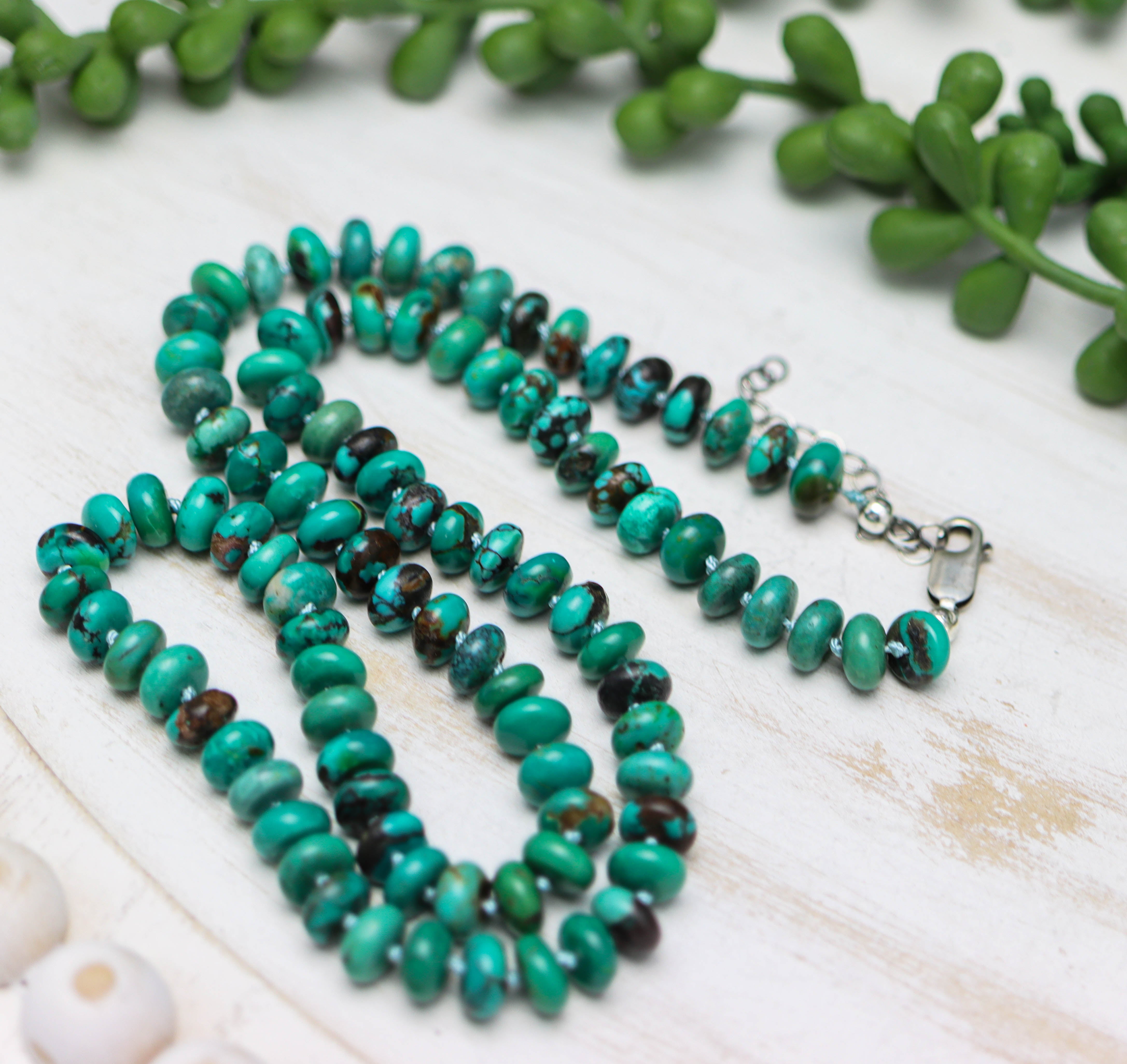 Turquoise Hand Knotted Bead Necklace Sterling Silver