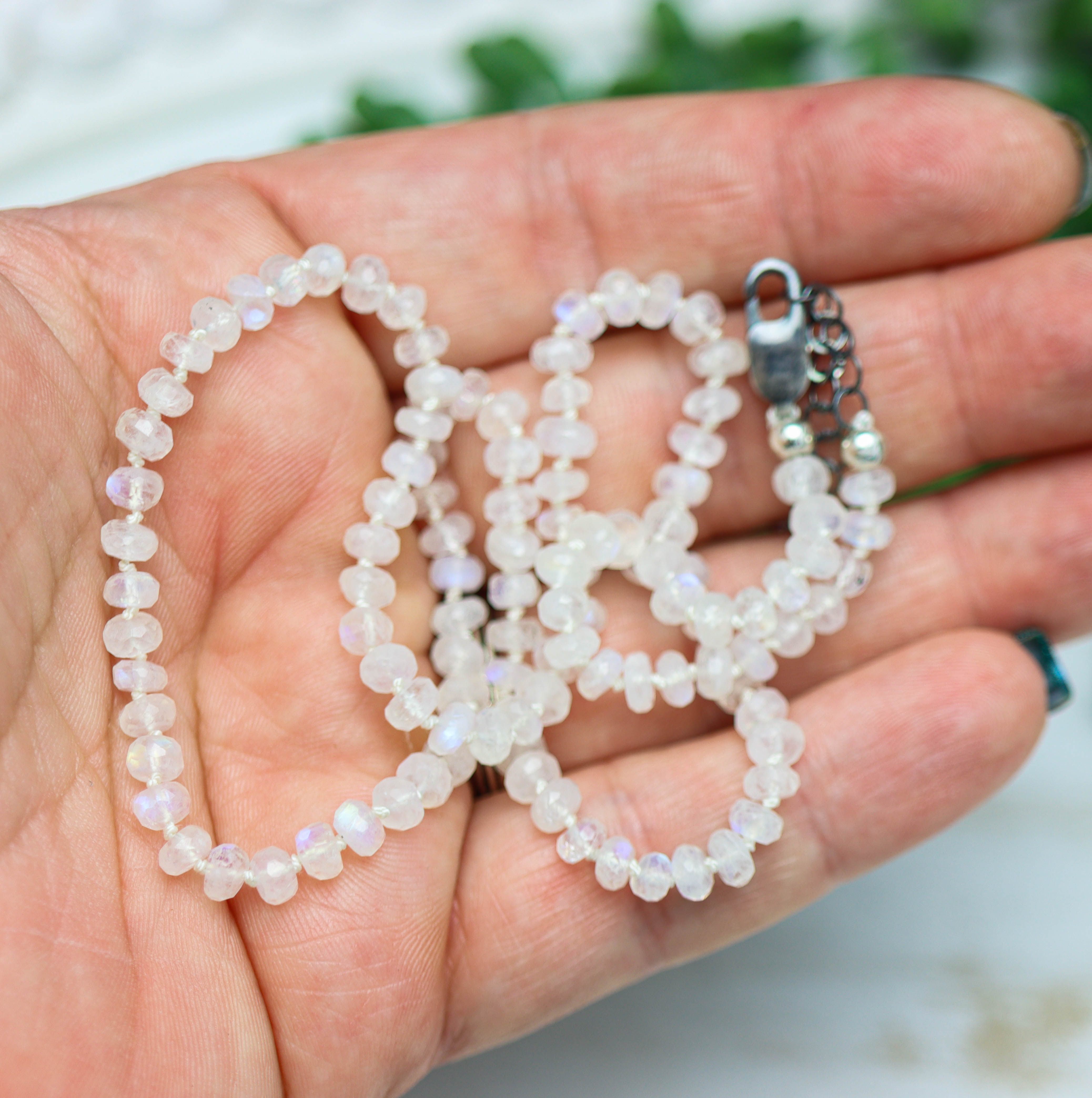 Rainbow Moonstone Hand Knotted Bead Necklace Sterling Silver 18 inch