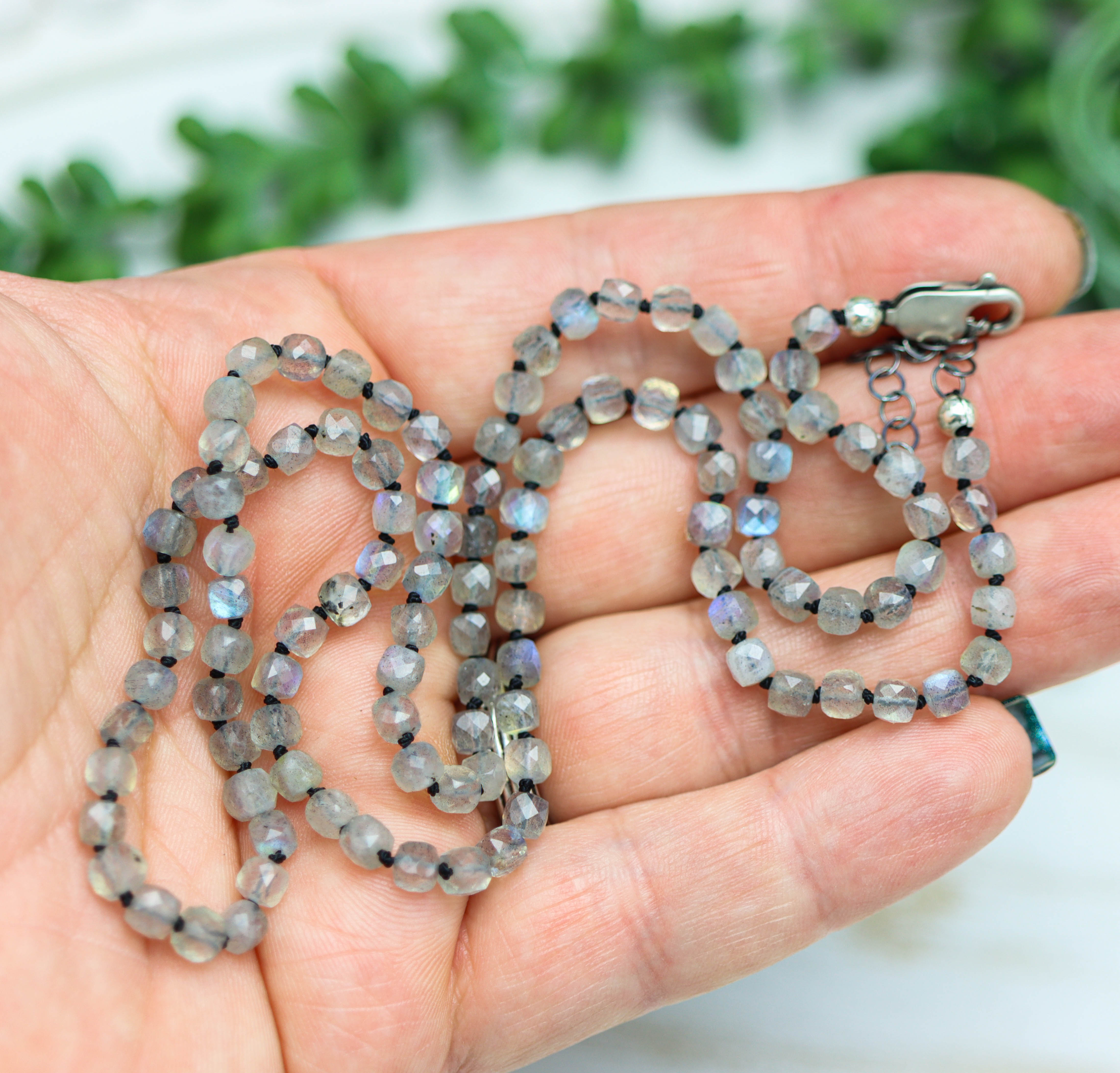 Sparkly Labradorite Faceted Cubes Hand Knotted Bead Necklace Sterling Silver