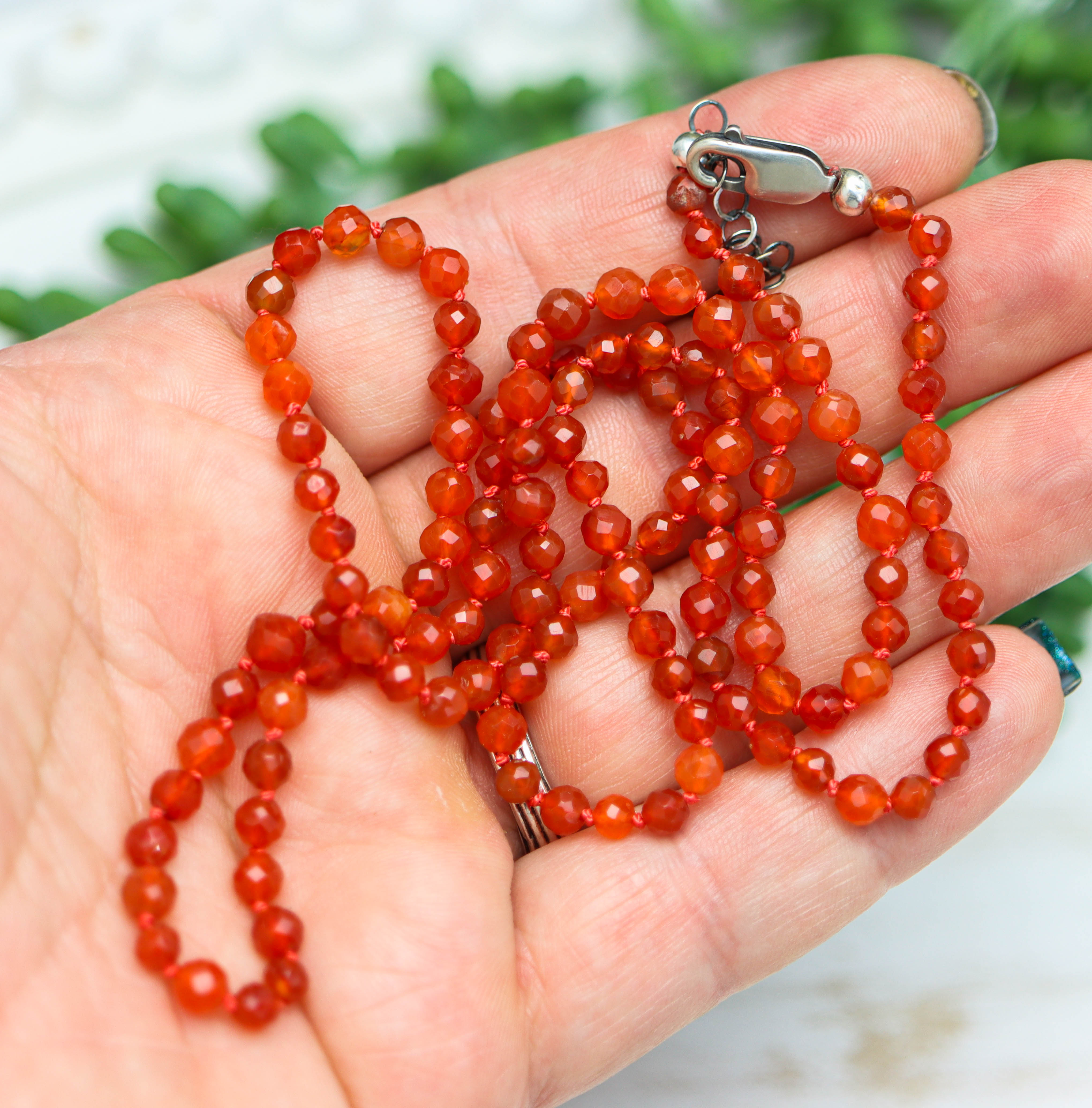 Orange Carnelian Hand Knotted Bead Necklace Sterling Silver