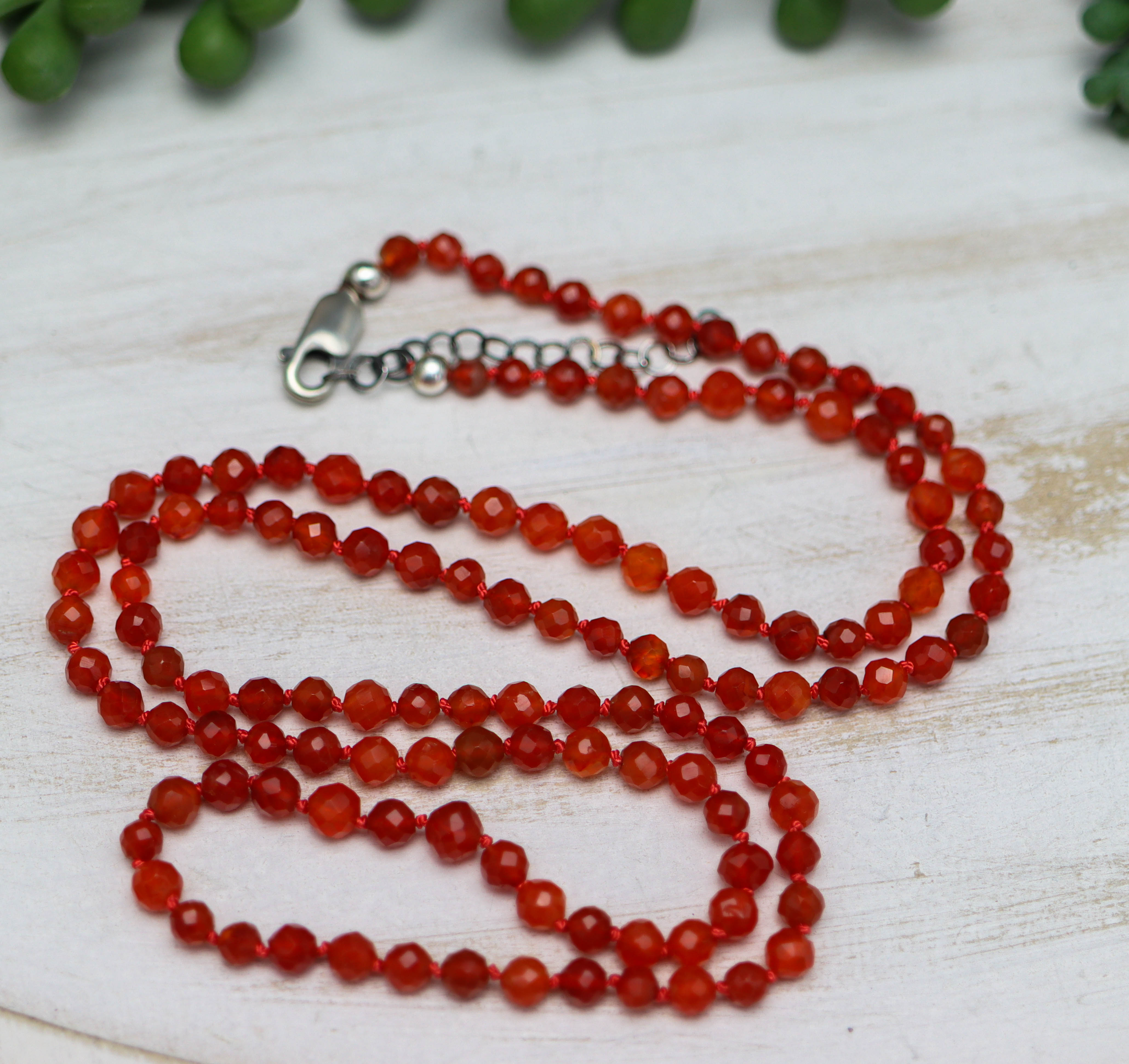 Orange Carnelian Hand Knotted Bead Necklace Sterling Silver