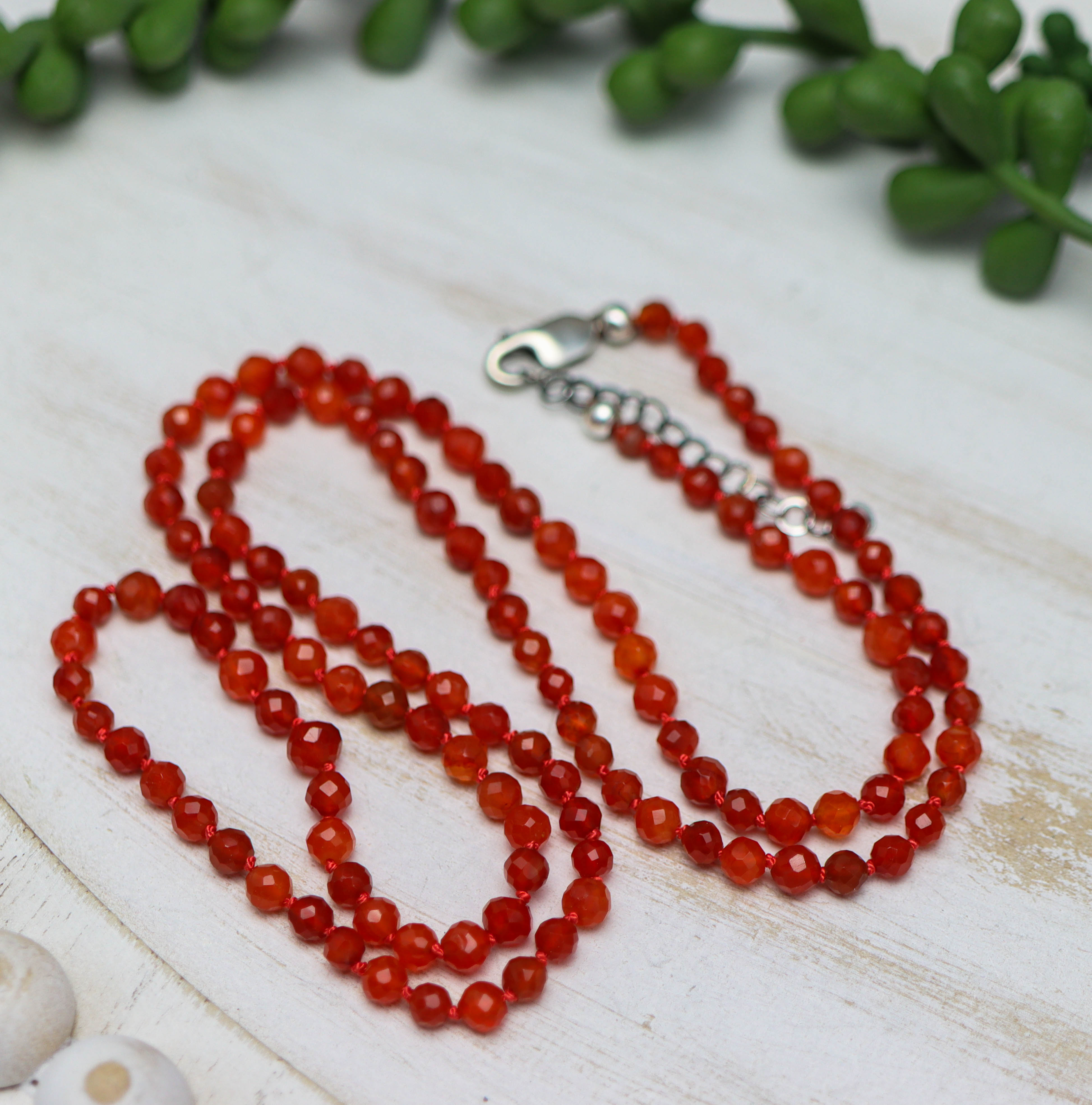 Orange Carnelian Hand Knotted Bead Necklace Sterling Silver