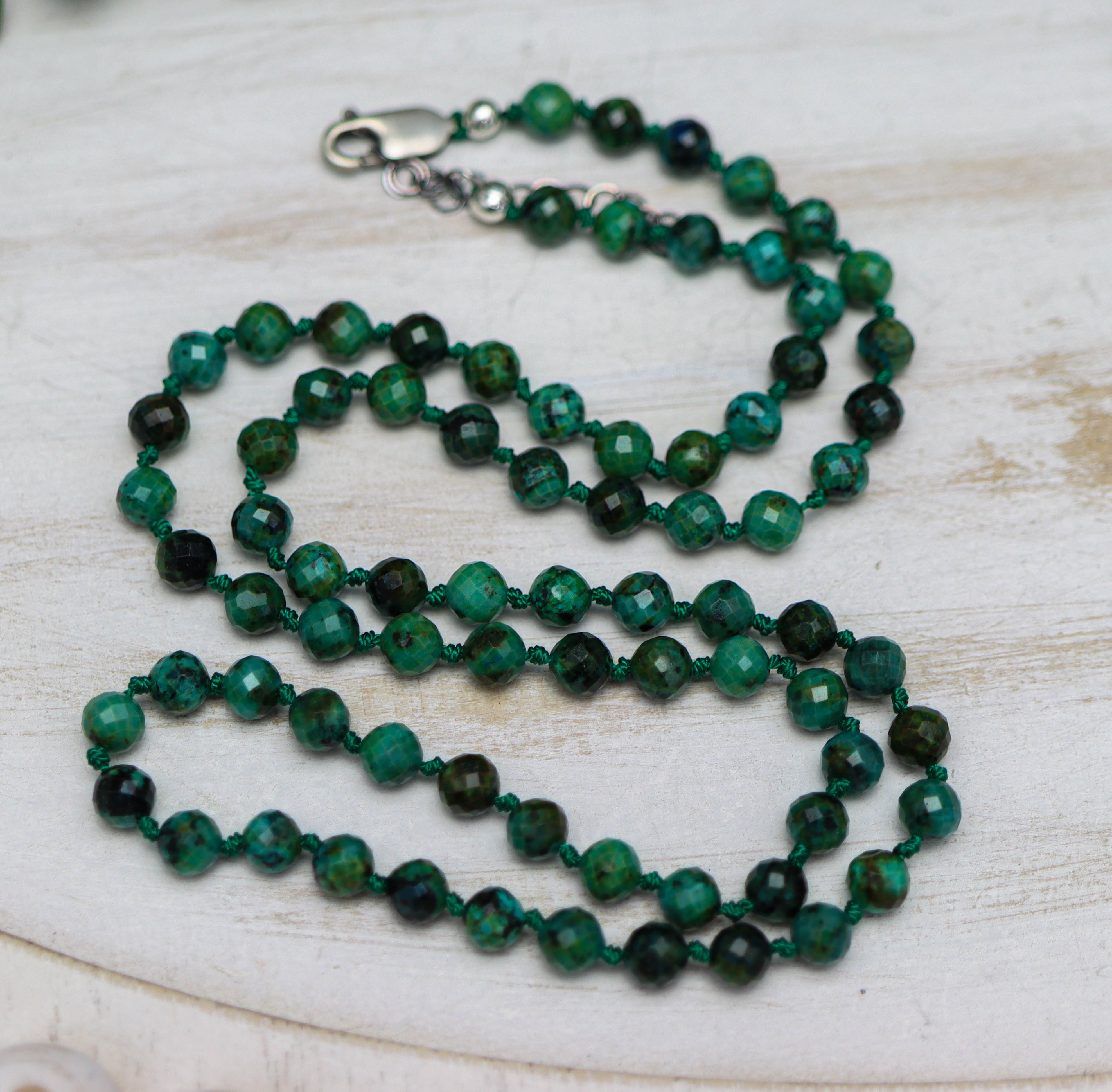 Chrysocolla Hand Knotted Bead Necklace Sterling Silver
