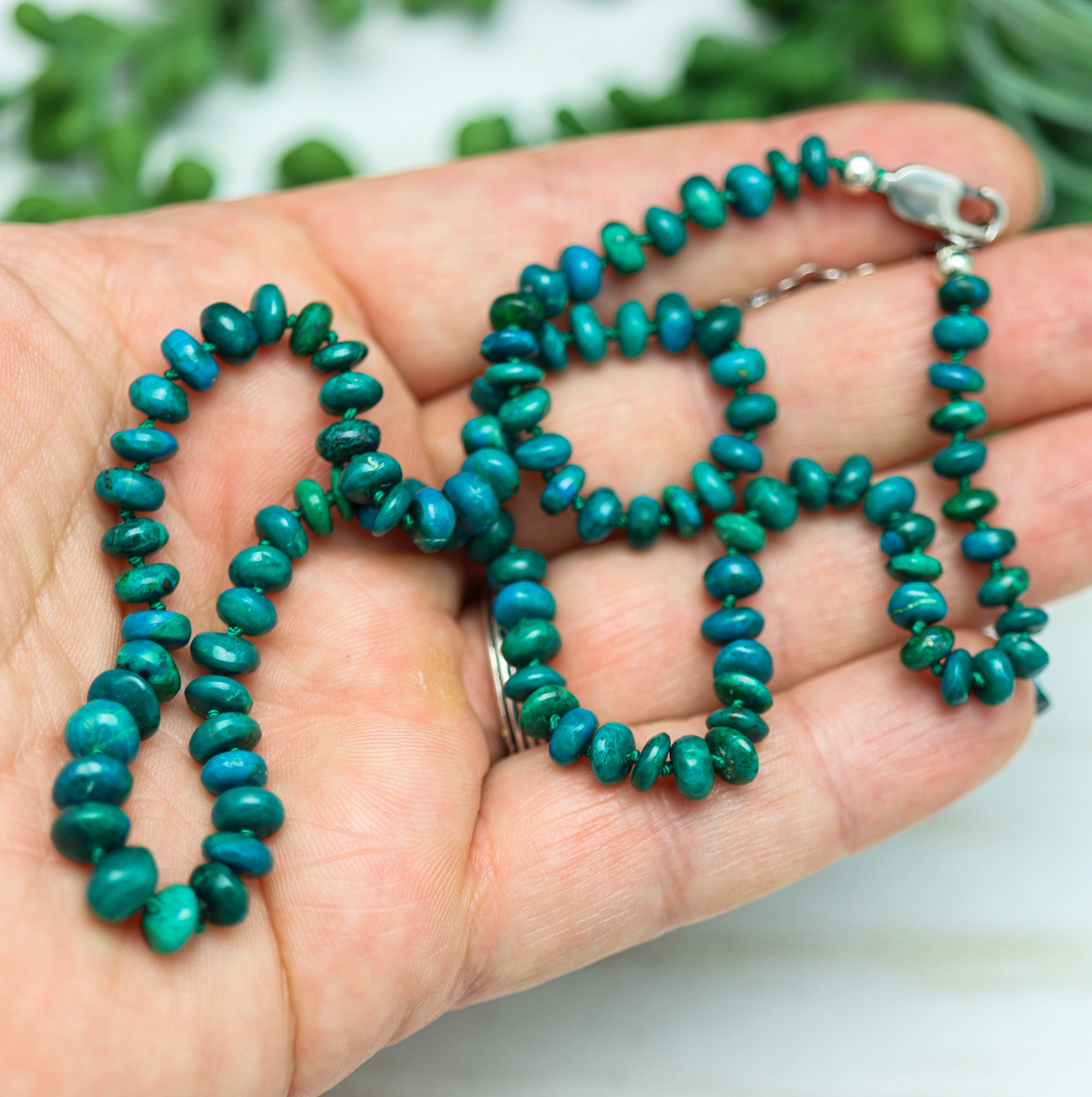 Chrysocolla Hand Knotted Bead Necklace Sterling Silver