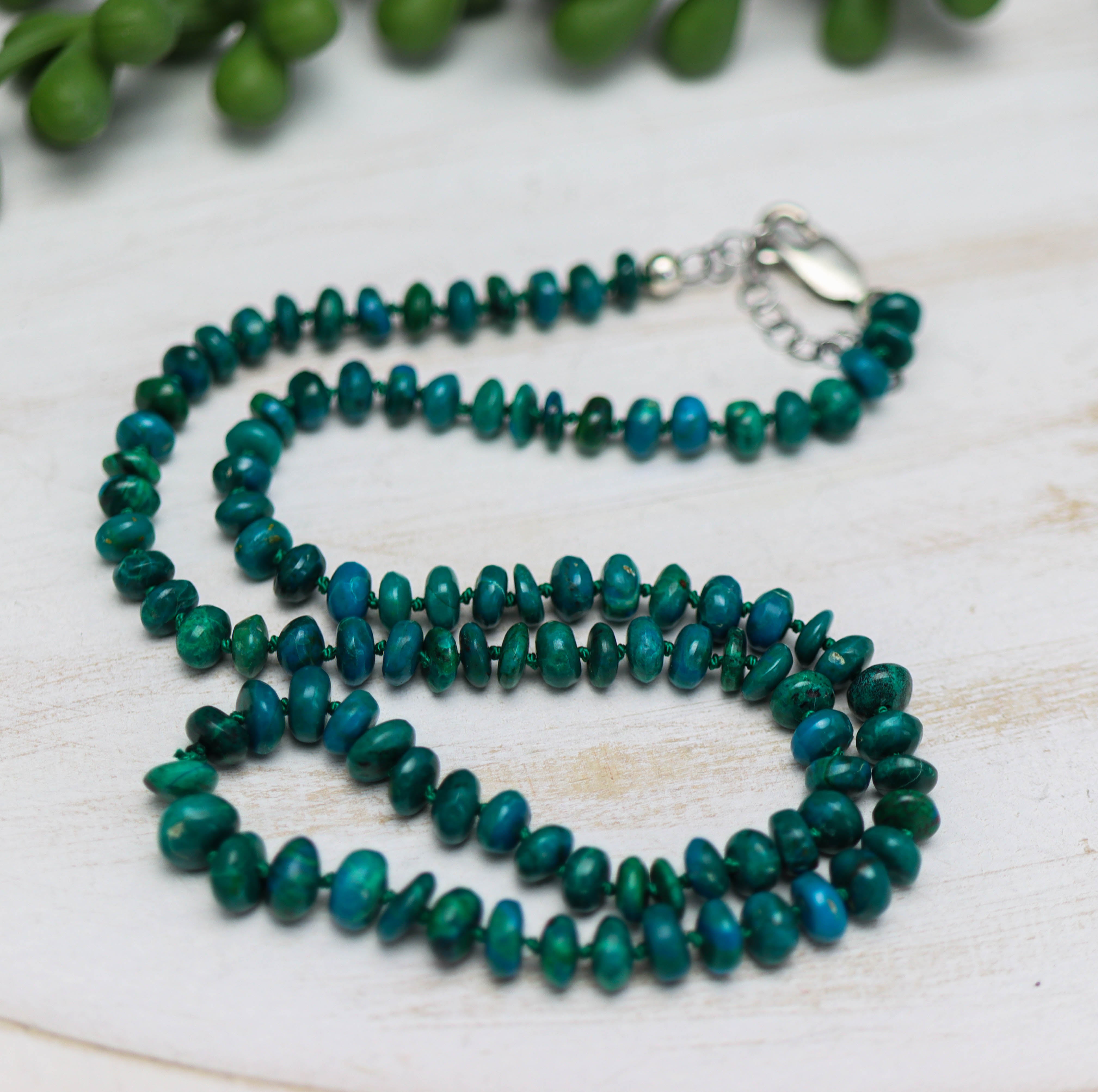 Chrysocolla Hand Knotted Bead Necklace Sterling Silver