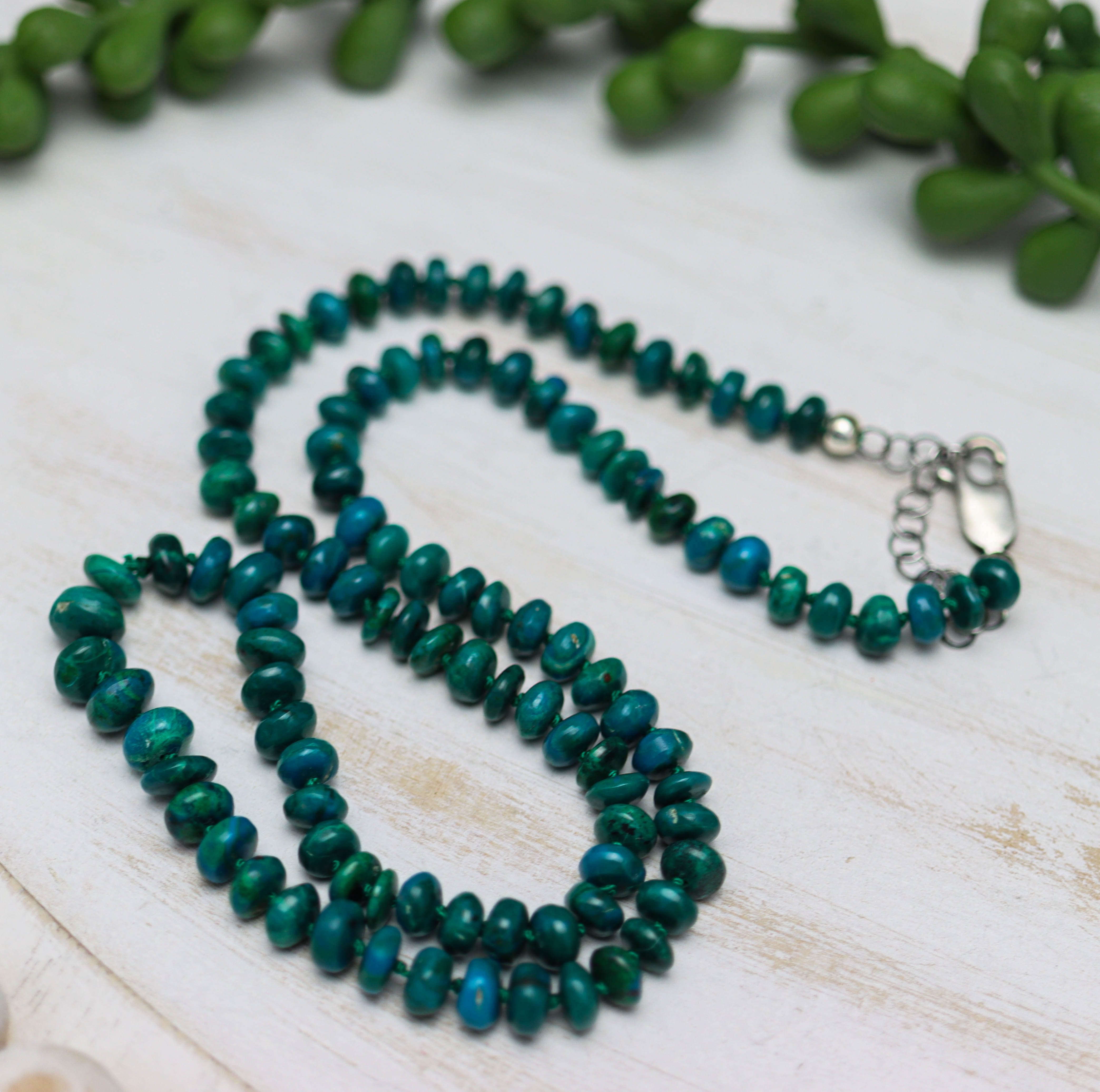 Chrysocolla Hand Knotted Bead Necklace Sterling Silver