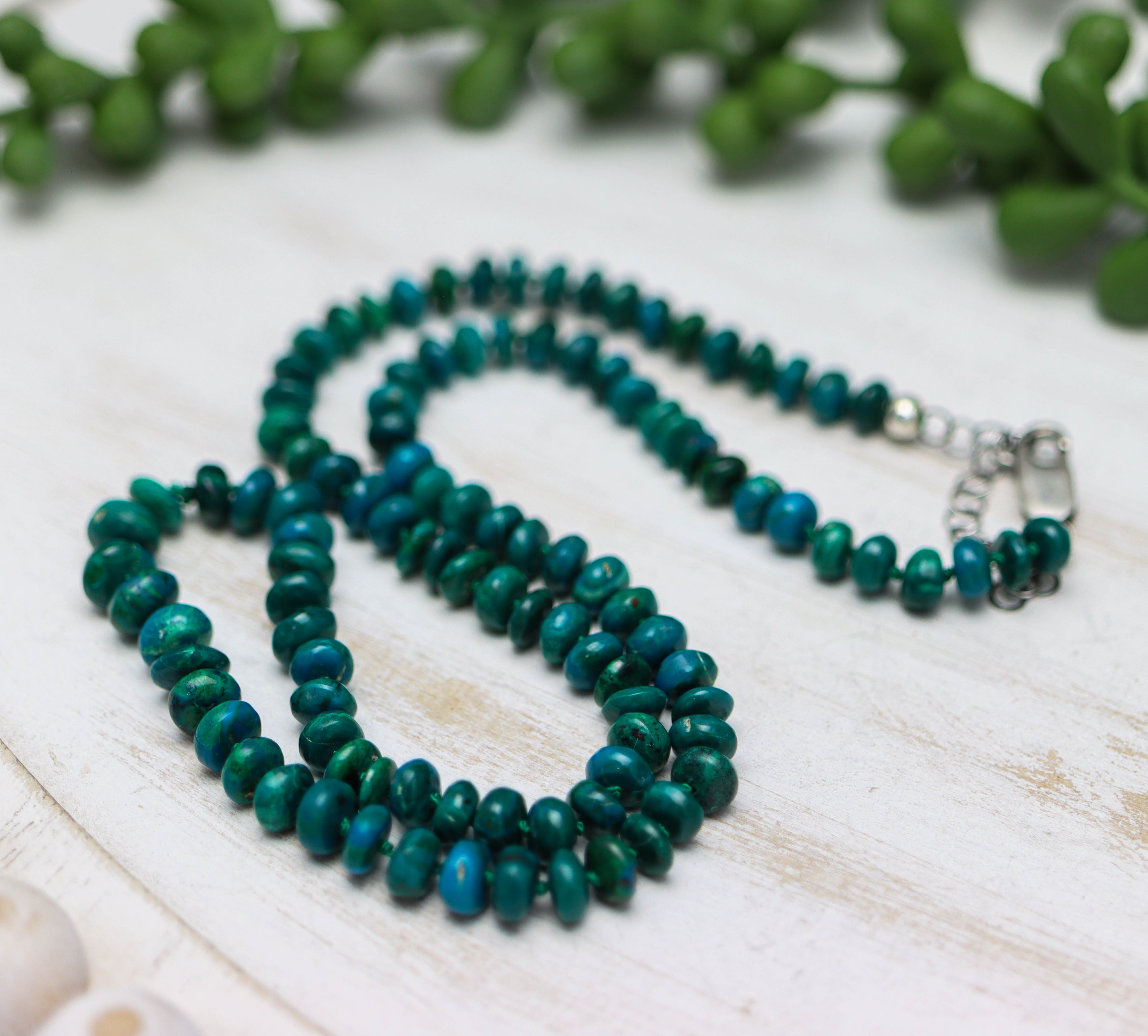 Chrysocolla Hand Knotted Bead Necklace Sterling Silver