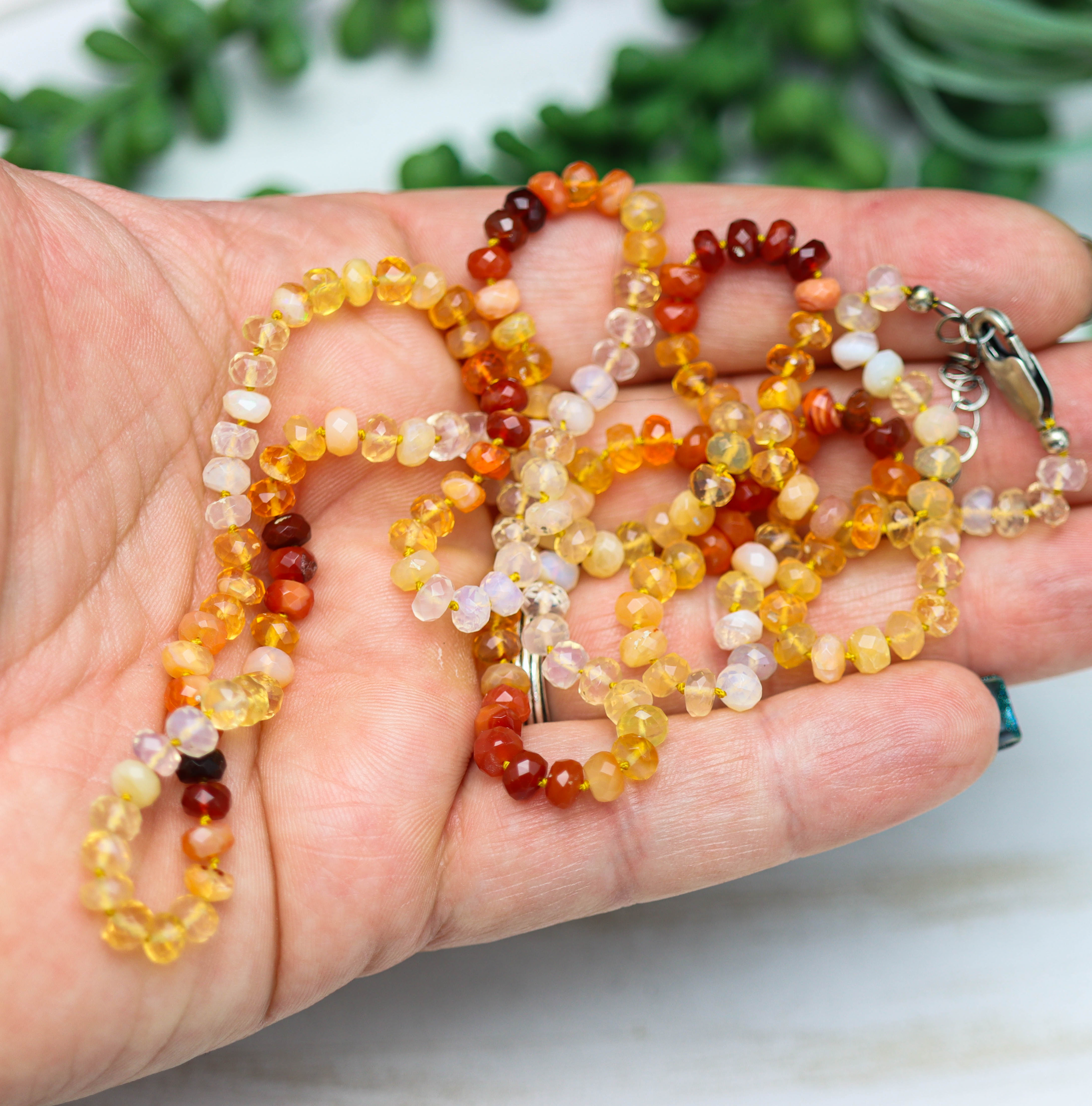 Mexican Fire Opal Hand Knotted Bead Necklace Sterling Silver