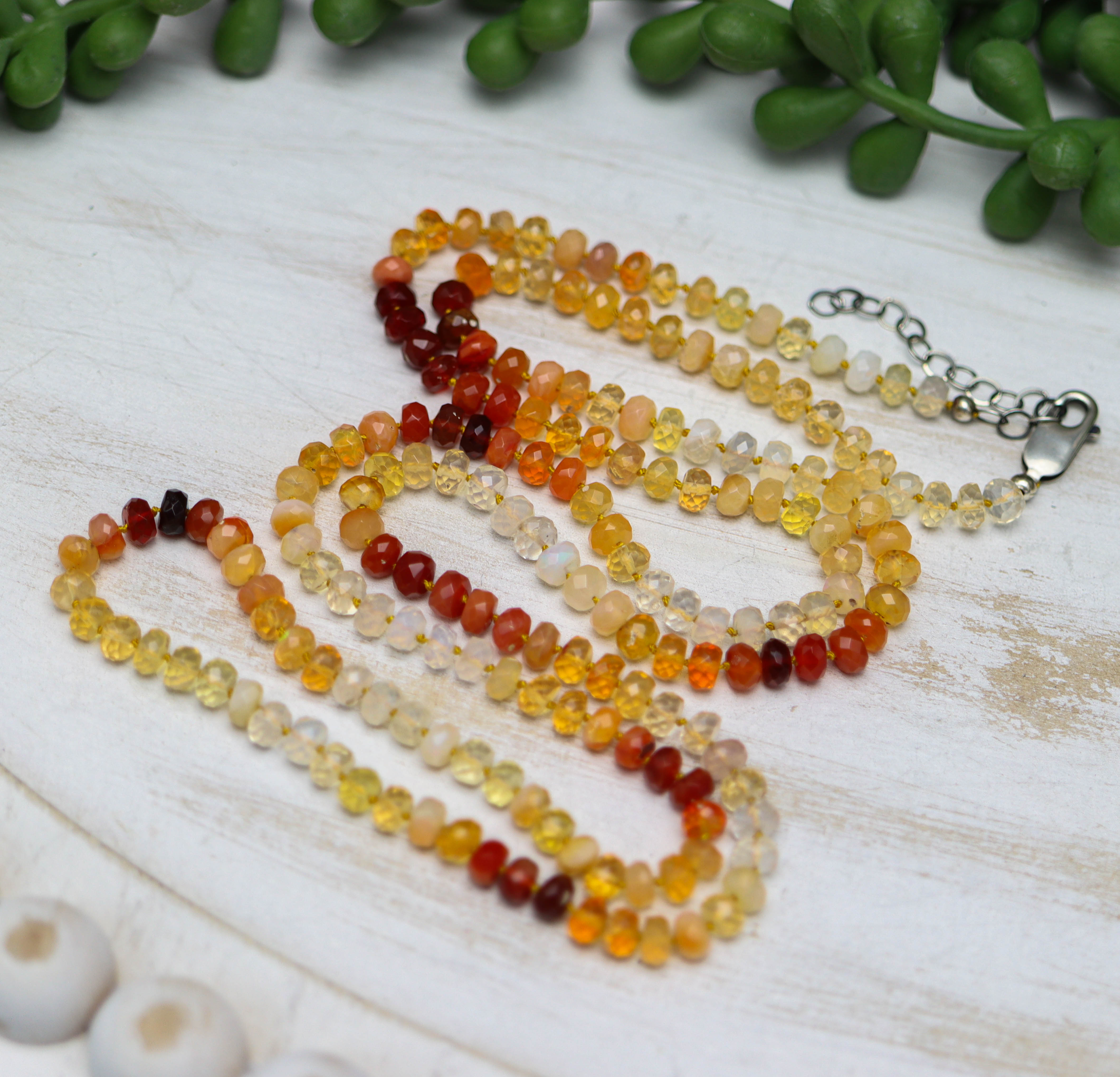 Mexican Fire Opal Hand Knotted Bead Necklace Sterling Silver