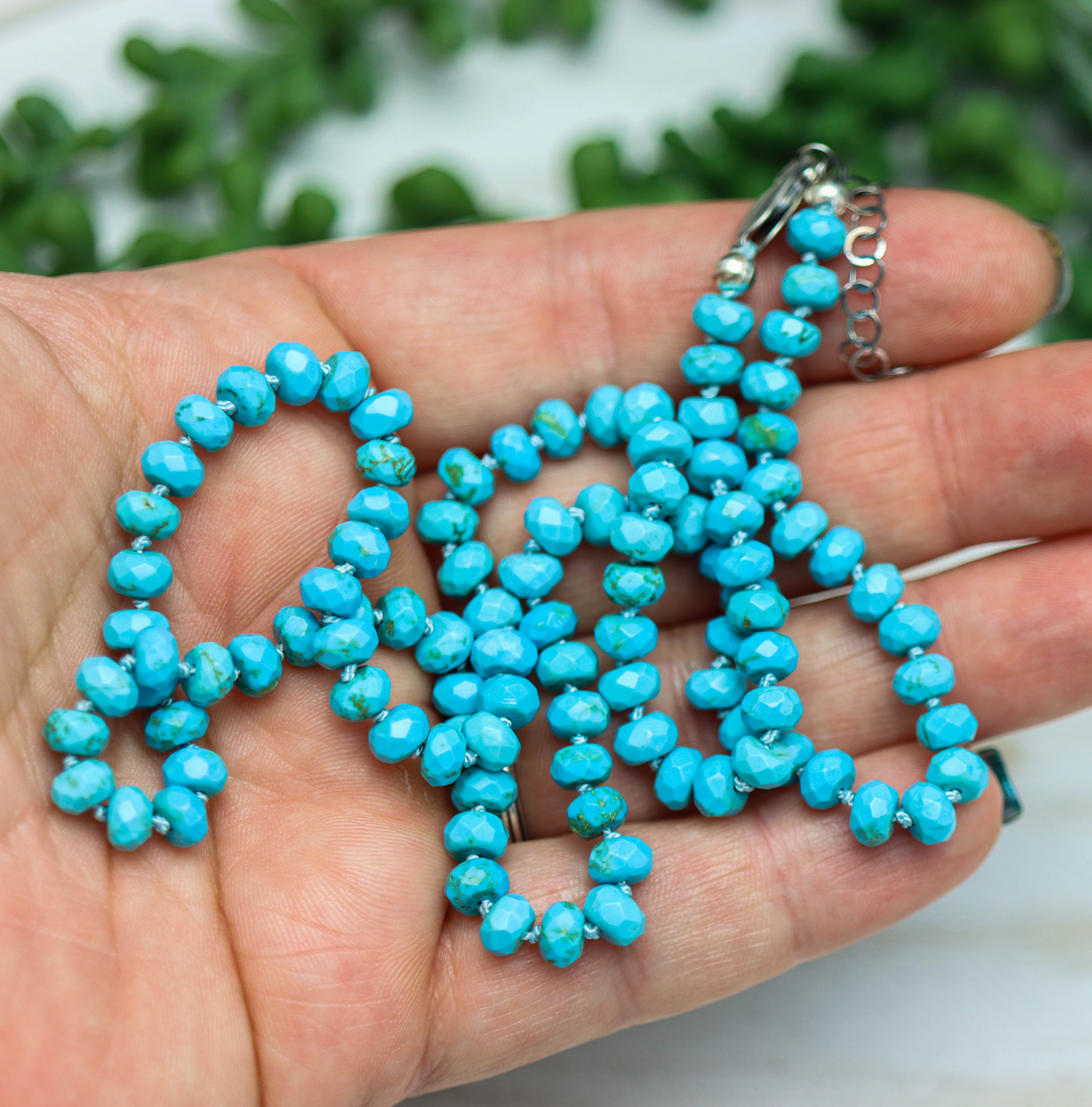 Faceted Turquoise Hand Knotted Bead Necklace Sterling Silver 21 inch