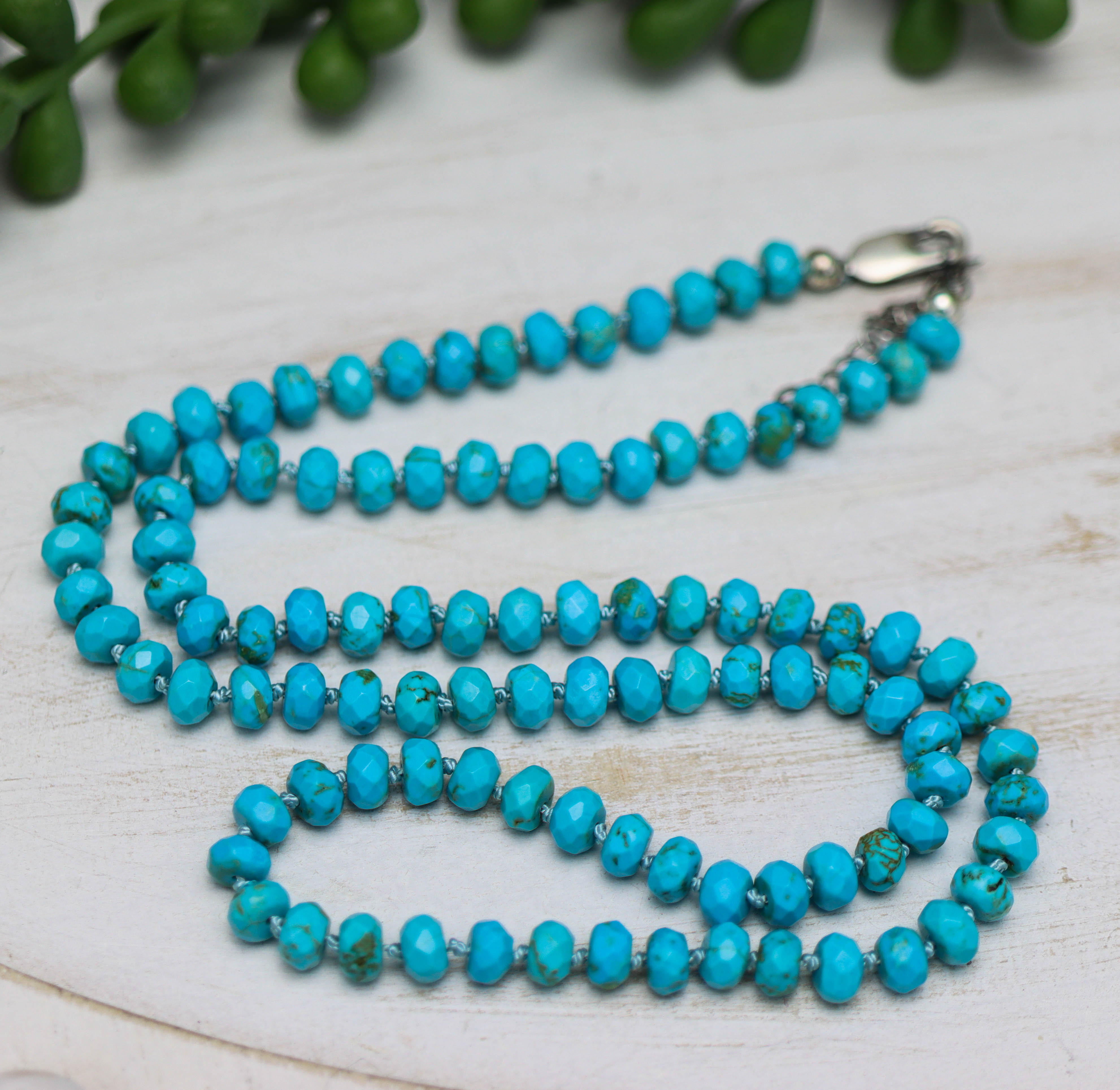 Faceted Turquoise Hand Knotted Bead Necklace Sterling Silver 21 inch