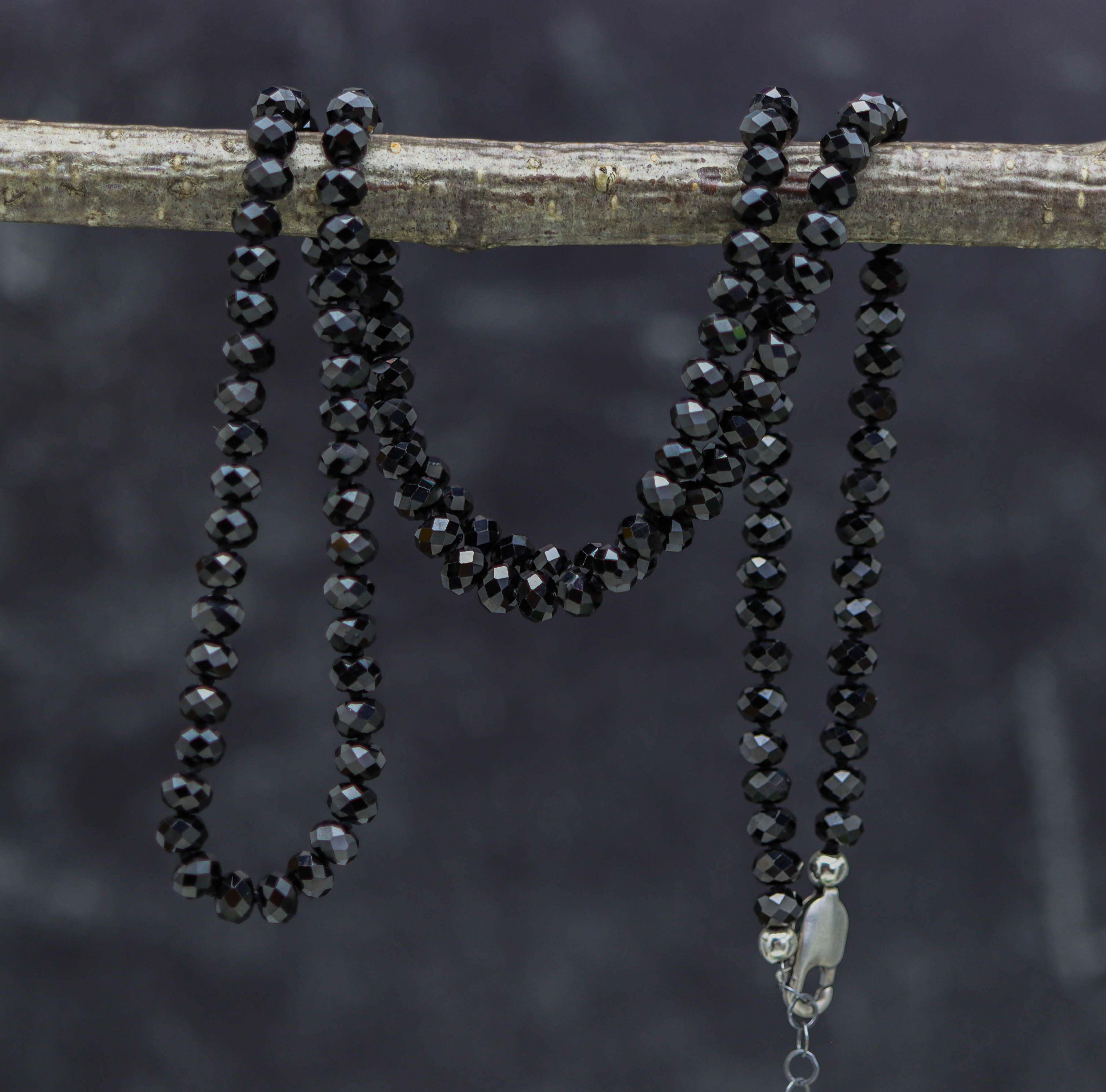 Sparkly Black Spinel Hand Knotted Bead Necklace Sterling Silver 24 Inch