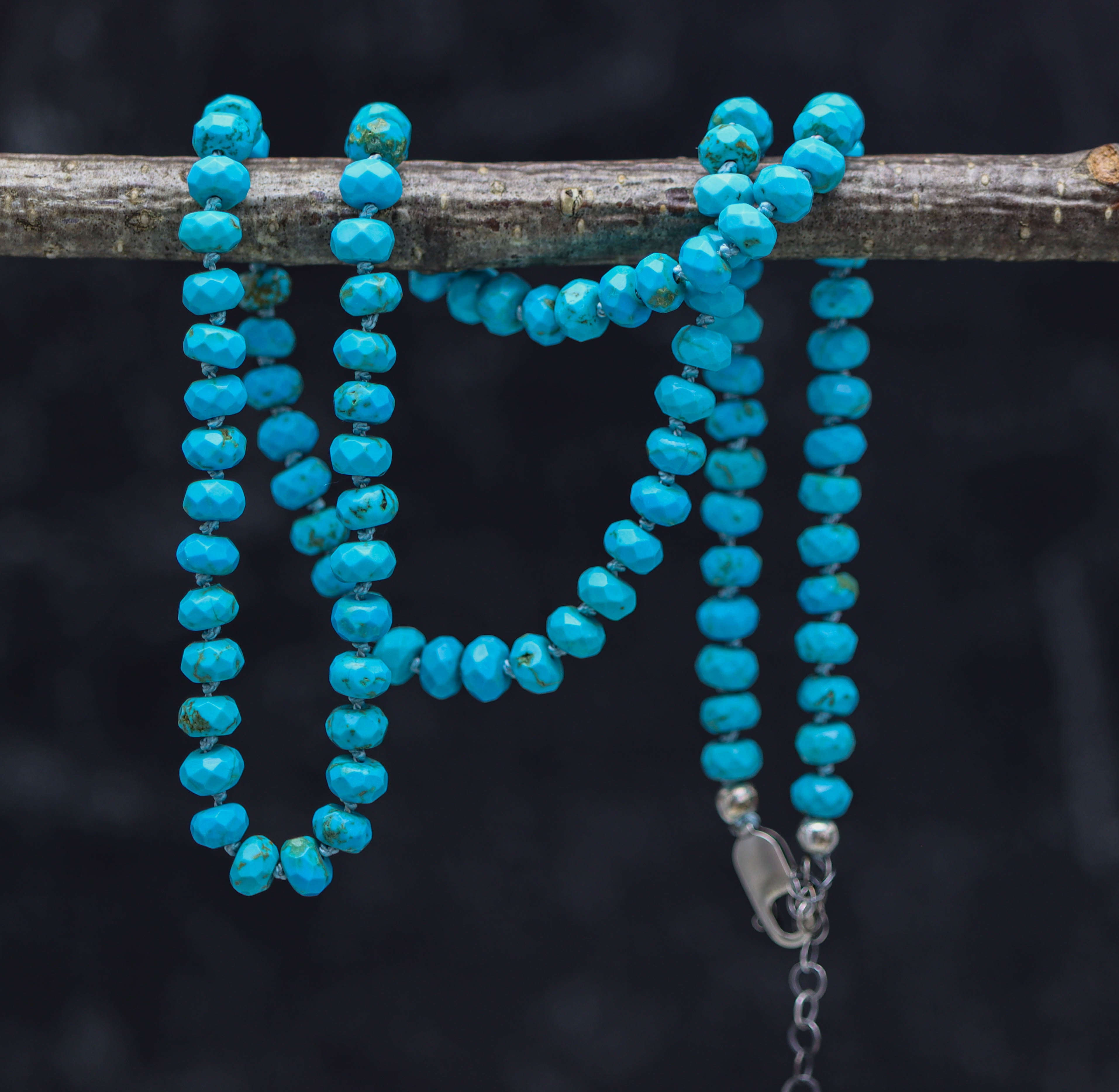 Faceted Turquoise Hand Knotted Bead Necklace Sterling Silver 21 inch